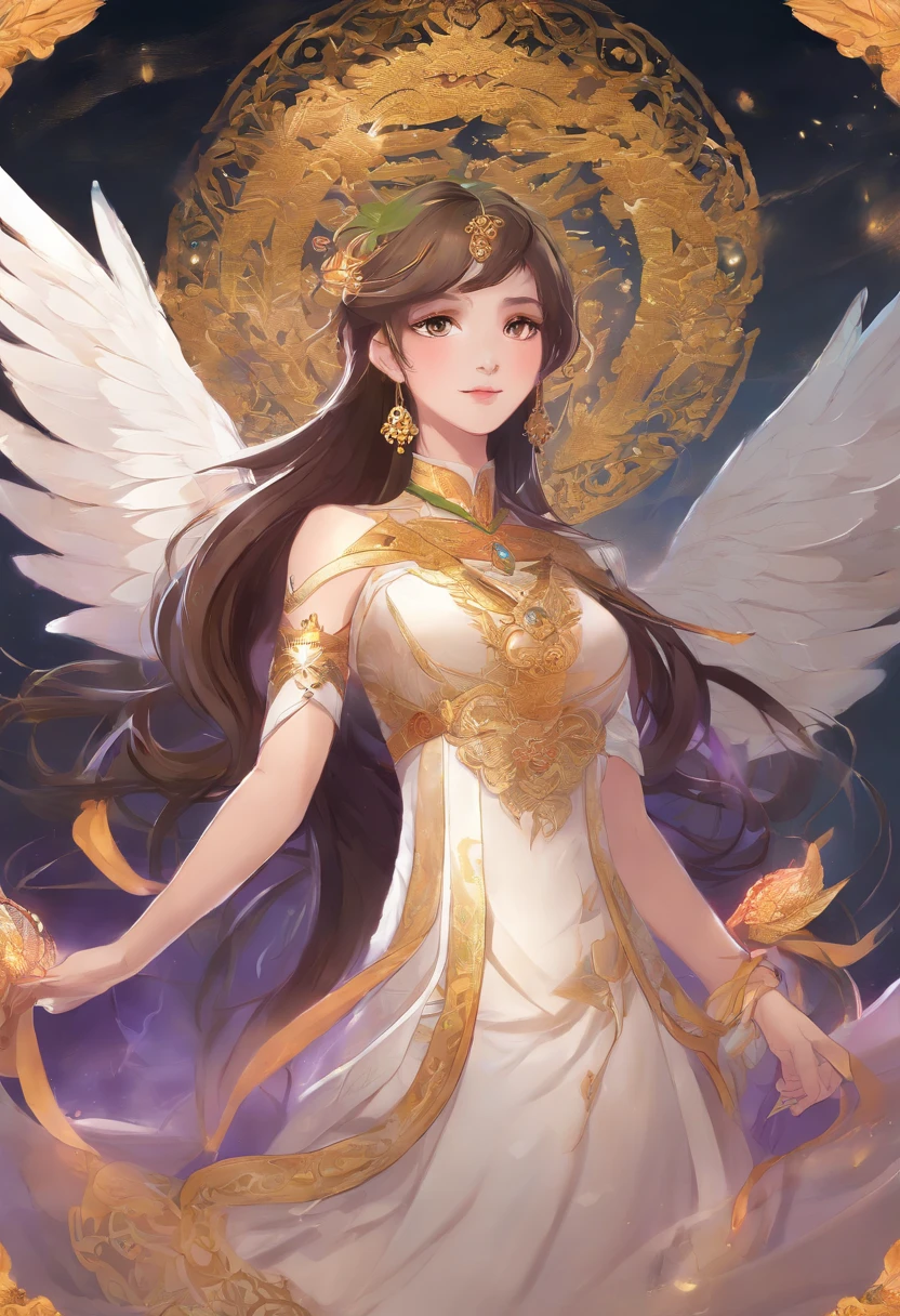 manhwa full body portrait of The Secret of Angel (True Beauty) manhwa , woman , dark brown hair, smiling, flying, olive wreath ,Thai Chakri costume mint colors and gold accesseries , a woman to wrap over one shoulder around her chest and back, Hold hands with man wear a Thai Chakri costume purple colors and gold accesseries, 3D rendering, high quality, realistic, yaongyi style