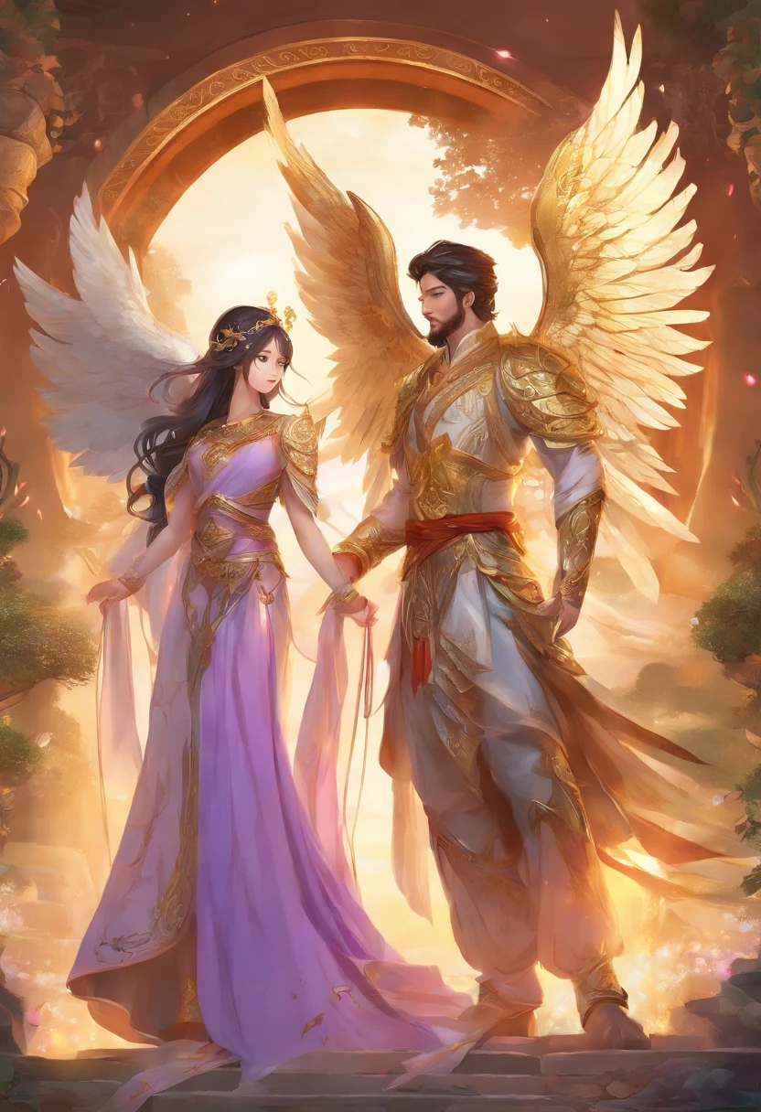 manhwa full body portrait of The Secret of Angel (True Beauty) manhwa , woman , dark brown hair, smiling, flying, olive wreath ,Thai Chakri costume mint colors and gold accesseries , a woman to wrap over one shoulder around her chest and back, Hold hands with man wear a Thai Chakri costume purple colors and gold accesseries, 3D rendering, high quality, realistic, yaongyi style
