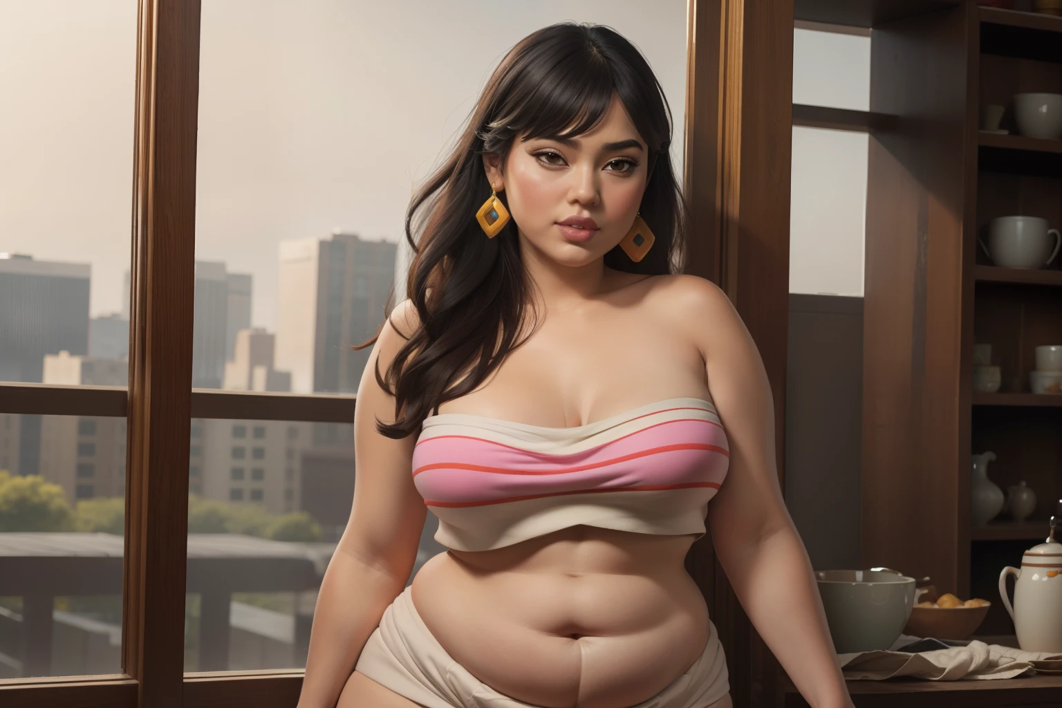 ((Masterpiece)), ((photorealistic)), ((highres)), ((solo)), (detailed), Chel, latina, ((very beautiful face)) , small smile, young, cutie, loincloth, glossy skin, young, curvy, very chubby, back rolls, standing, fat rolls, sexy, belly rolls, muffin top, navel, love handles, standing, very soft, navel, fat thighs, fat hips, fed up, fatty