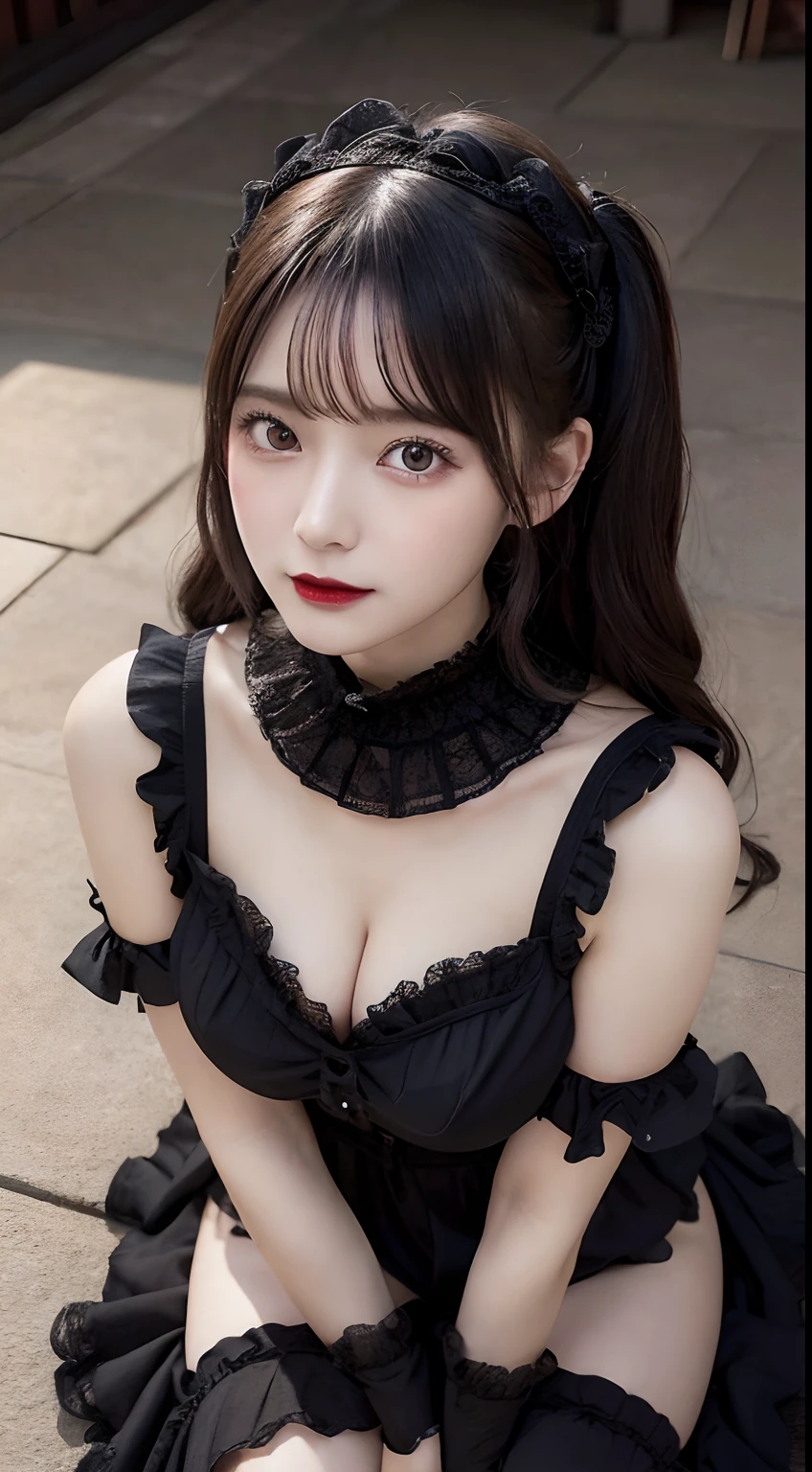 Innocent 18 year old girl、((ta Fashion,Gothic lolied and black goth loli dre can see the cleavage,Dramatic poses)),Smile,Twin-tailed,Curly hair,Background of Western-style buildings、Wooden wall background、Raw photo, (8K、top-quality、masterpiece:1.2)、(intricate detailes:1.4)、(Photorealsitic:1.4)、octane renderings、Complex 3D rendering ultra detail, Studio Soft Light, Rim Lights, vibrant detail, super detailing, realistic skin textures, Detail Face, Beautiful detail eyes, Very detailed CG Unity 16k wallpaper, make - up, (detailedbackground:1.2), shinny skin, Full body、((From head to thigh))、cleavage of the breast,((sitting with one's legs spread、Angle looking down from above))