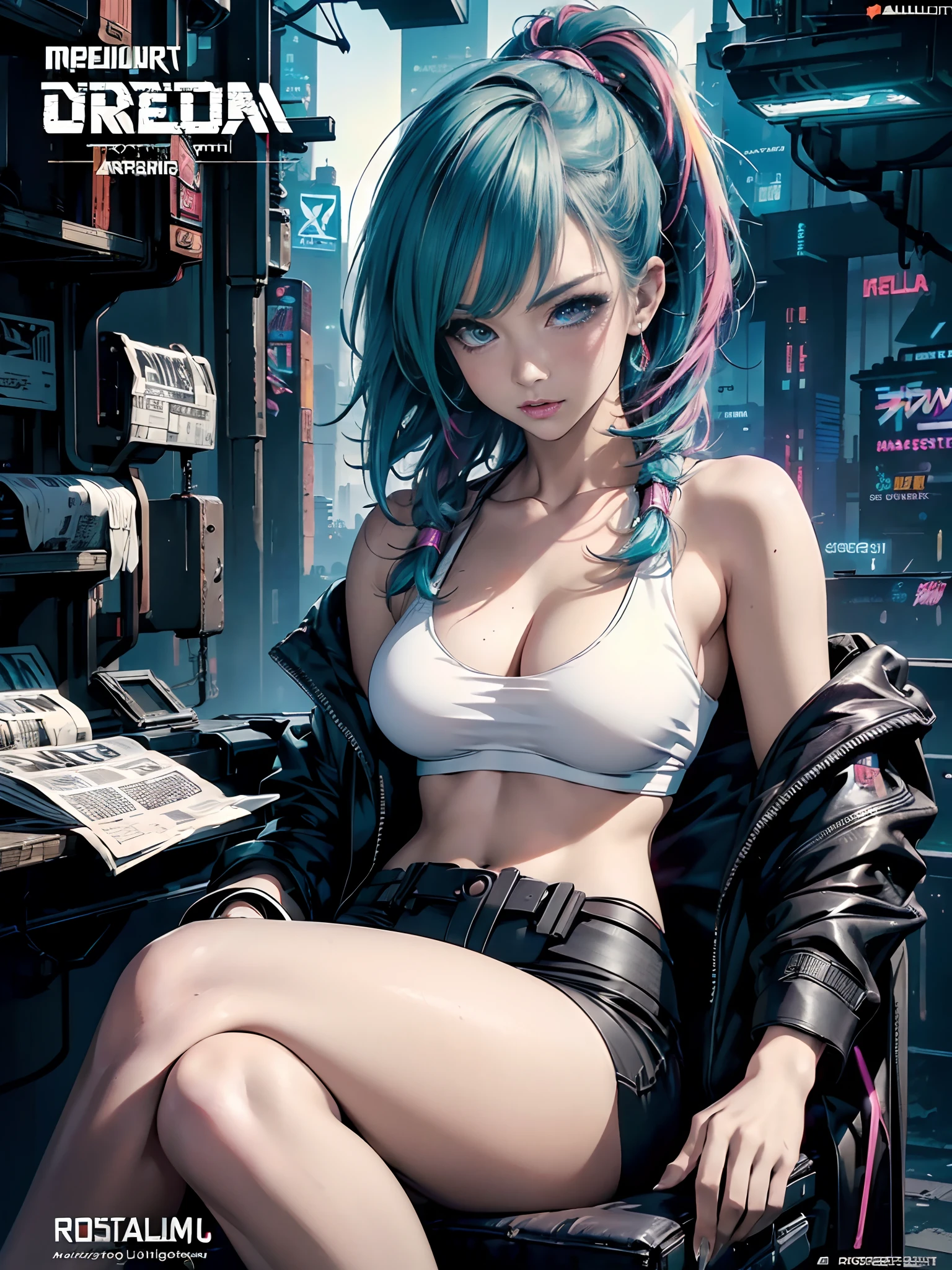 (photo realistic:1.4), (hyper realistic:1.4), (realistic:1.3), (smoother lighting:1.05), (increase cinematic lighting quality:0.9),(((Cyberpunk magazine covers))),glossy cover,Bulma from Dragon Ball,Rainbow Color