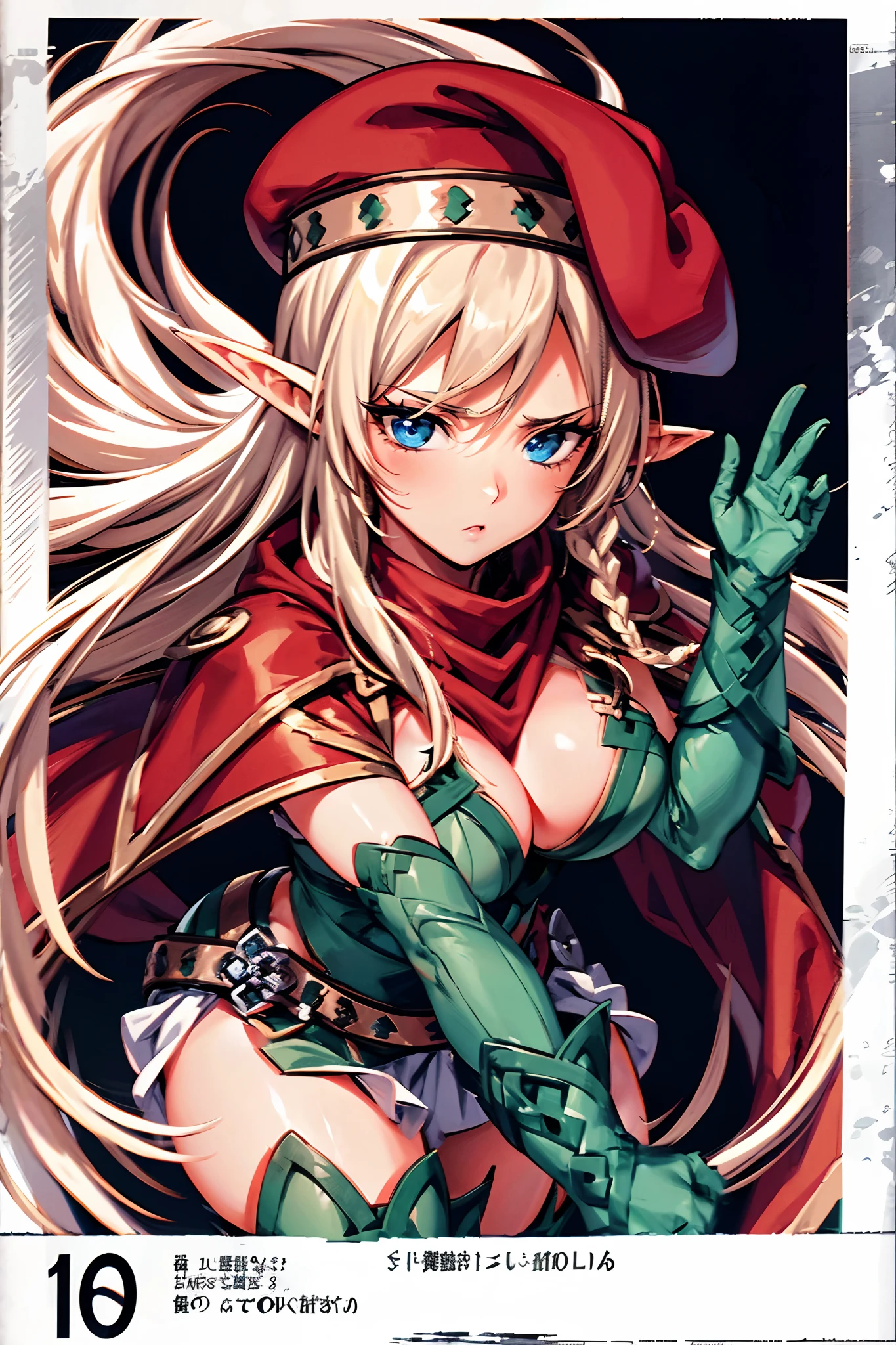 alleyne, elf, one side braid, red beret, red cape, white skirt, thighhighs, green footwear, thigh boots, elbow, green gloves, midriff, cleavage, blonde hair, blue eyes, extremely detailed, beautiful, best quality, ultra high res, masterpiece, 16k portrait, super fine illustration, raw photo, slant eyes, cat eyes, cool face, sharp face,