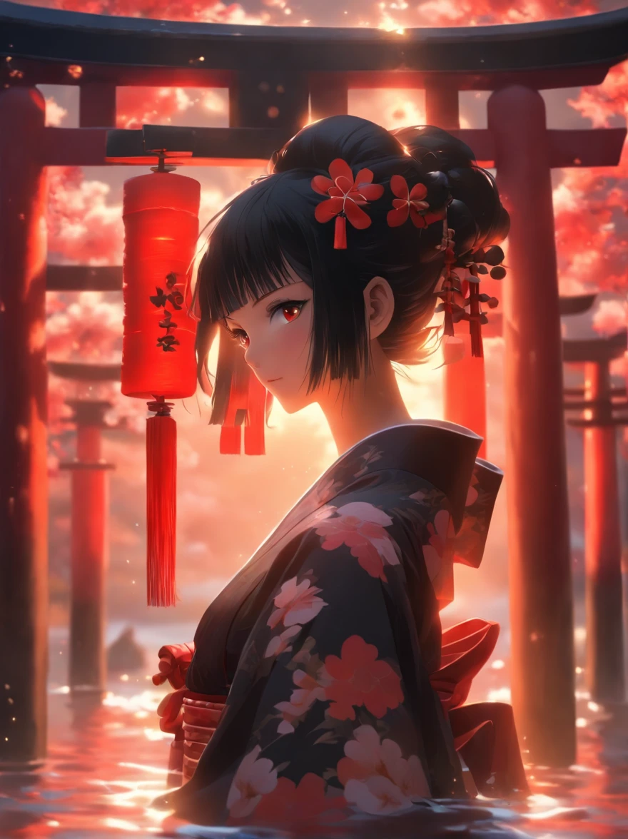 a girl, short black hair, red eyes, wearing black kimono, ocean reflection, torii gate, absurdres, high res, ultrasharp, 8K, masterpiece, looking at viewer, photorealistic, cinematic lighting, closeup photograph