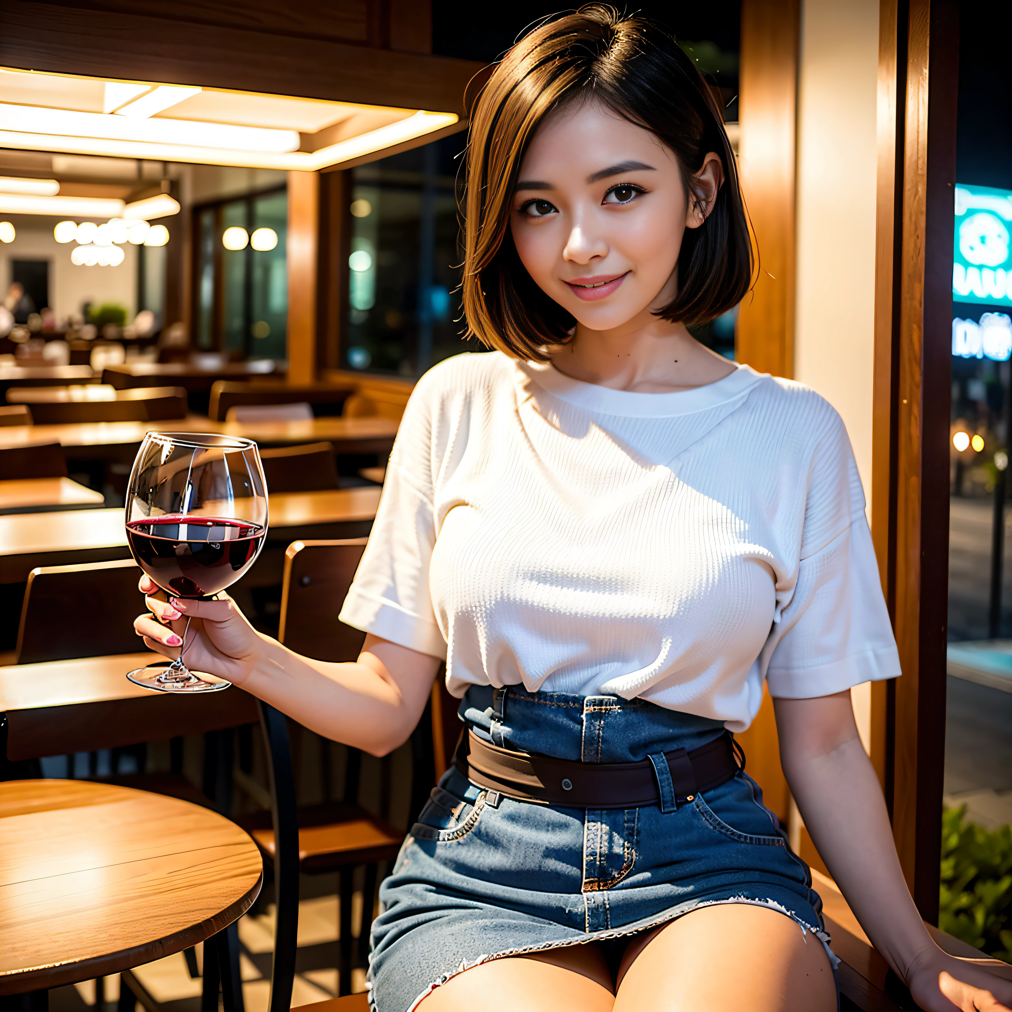 (64K, UHD, top quality, masterpiece: 1.2), (realistic, photorealistic: 1.37), super detailed, pretty woman 1 person, (slim face), (slim body), (brown hair), (short cut), cheeks slightly blushing, (35 years old), 38 years old, solo, beautiful detailed urban night view outside the window, restaurant, wine glasses sit, at night, in a prominent place (from the waist up) NovaFrogStyle, Actress, Model, Waist Up, White Wine, Slim, Wine Glass, Super Clean Night View, Wine Glass Put in the Middle, Happy Smile, (Smile: 1.15), Beautiful Fine Eyes, Upper Body, Bust Japan Up, Night, Short, Short, Actress, Model, Waist Up, White Wine, Slim, Wine Glass, Super Clean Night View, Wine Glass Put in the Middle, Happy Smile,