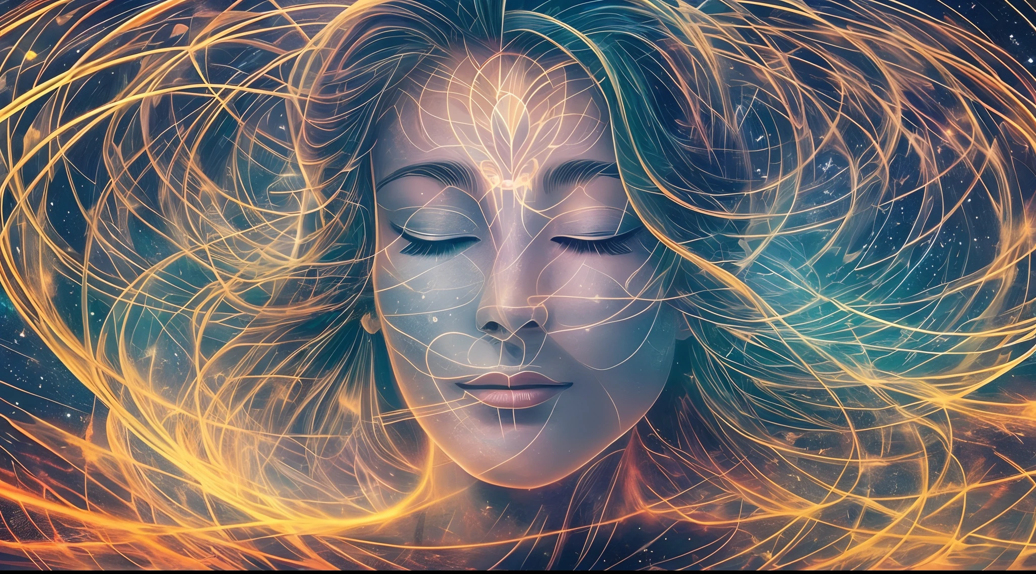In the center of the image, The human figure is surrounded by a powerful aura of light, It is emitted outward in all directions, It symbolizes the relationship with the gods. The aura is made up of a variety of colors, Shades of blue, green, And pink, It produces dynamic and energetic energy.. There is a jewel-like shining dot in the center of the forehead. The face is not clearly visible, as if shrouded in fog. The human figure appears to be in a meditative or meditative state, Eyes are closed, And the face is peaceful and serene. They seem to be completely one with the universe, It is connected to the surrounding stars and planets.. The images evoke a sense of awe and wonder, It inspires viewers to contemplate the beauty and mystery of the universe.. It reminds us of the infinite possibilities that exist beyond our comprehension, And it encourages us to explore our spiritual connection to the universe and God.