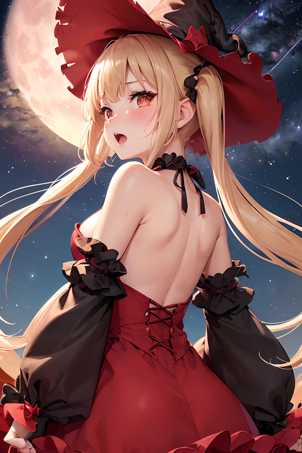 (((NSFW))),(((Petite girl with blonde twin tails))),((Red Off Shoulder Ruffled Dress)),1 girl,(masutepiece), (Best Quality), (Best Detail),, (((Big witch's hat))), Very detailed face, , Night , shading ,(((kosmos))),(((all-fours))),(((Angle from behind))),,,(((milkyway,fullmoon))),(((The upper part of the body))),((Covered in tears)),(((open open mouth))),(((red blush))),