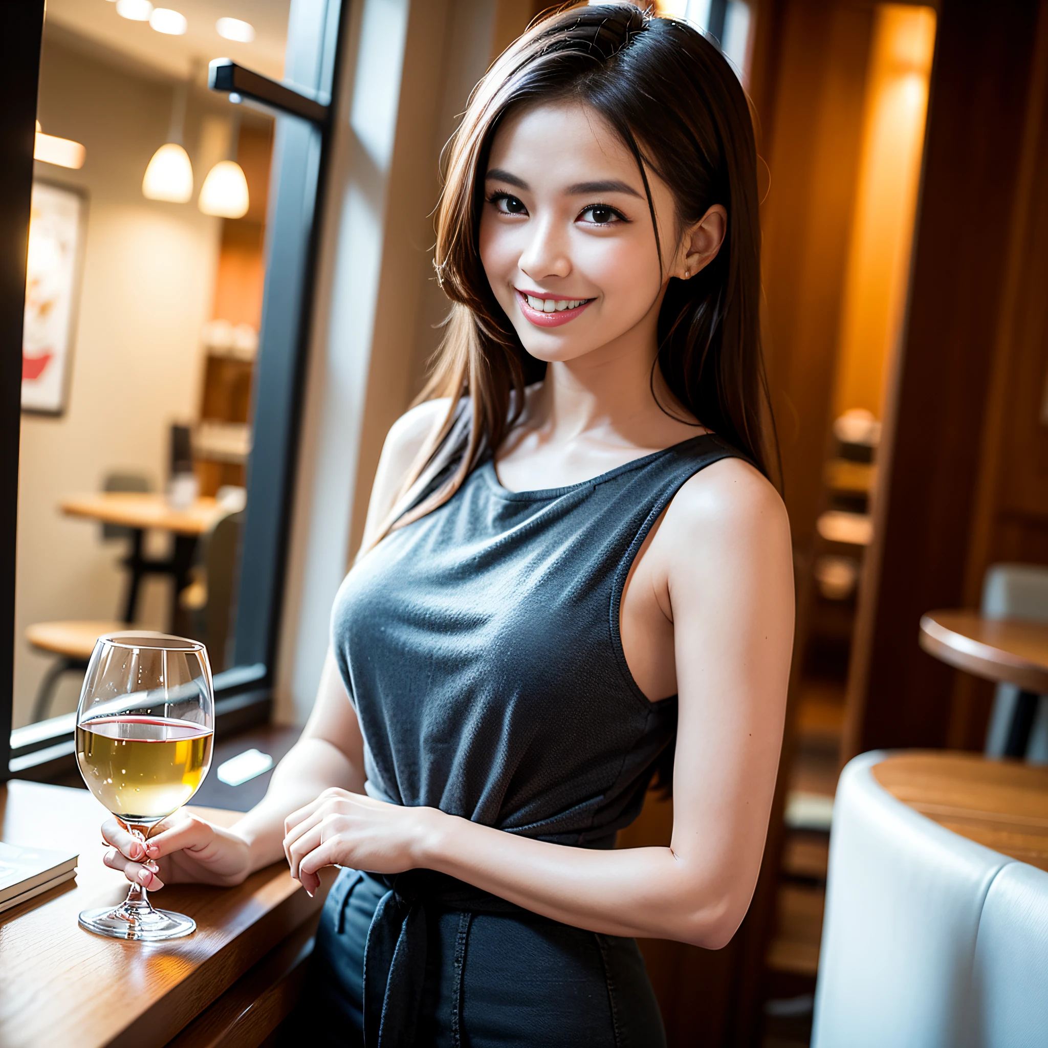 (super High Ponytail),forehead,realistic,sfw,beautiful thai woman,smile, tank top,huge breast:1.3,London pub,extreme wide shot,slim waist,beautiful skin,