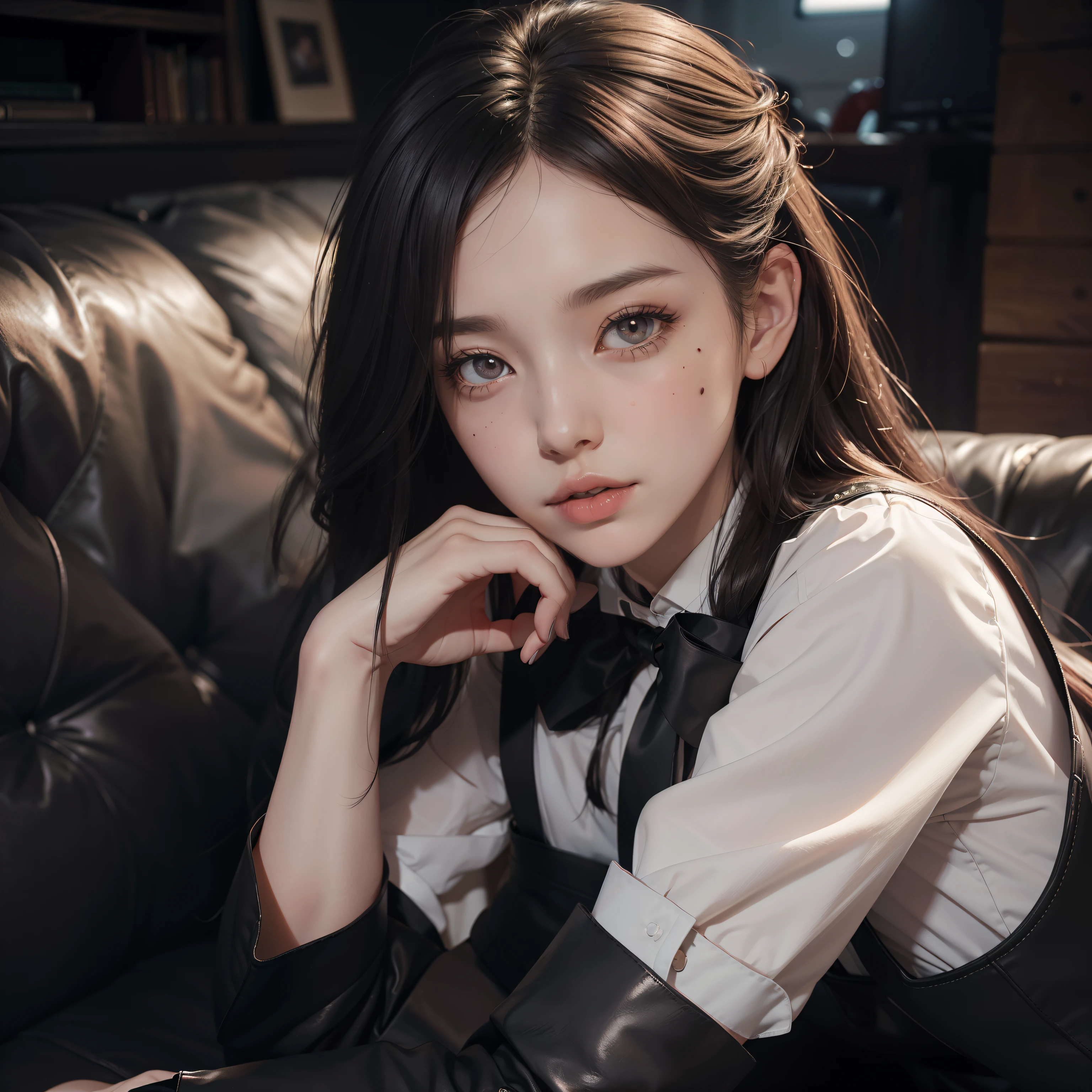 (Hyper-realistic), (Illustration), (High resolution), (8K), (Extremely detailed), (Best Illustration), Yol ( chain saw man ), (Beautiful detailed eyes), (Best Quality), (Ultra-detailed), (masutepiece), (Wallpaper), (Detailed face), Solo, Upper body, Focus on Face, 1 girl, Long Black Hair, Korean, Thin eyeshadow, A detailed eye, Brown eyes, Small moles under the eyes, very slender legs,Long sleeve shirt, Neckbow, Small breasts,Black leather shoes,pinafore dress, Dynamic Pose, low illuminance, Night, Dark, Clouds, a dark night,sit on sofa,Drinking black tea,