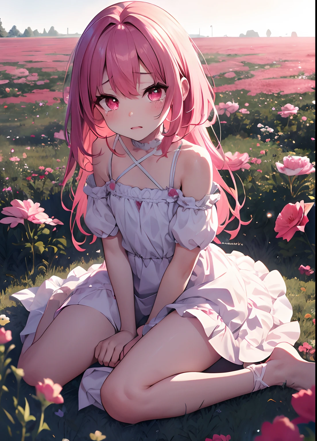 absurdres, hyper detailed, beautiful, a girl, -yeld, sed hair, red hair, pink hair, two-tone hair, pink eyes, with tears in eyes, in the field of flowers, flowerpunk, ultra realistic photo, soft-edged, dreamy watercolor, full body shot, from above, wide shot, wide-angle lens,
pink tiered dress,
cosmos flower field