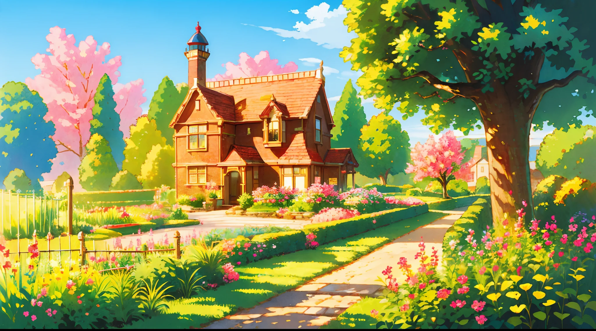 (((high quality))), detailed lighthouse,extremely detailed cliff under small apple tree,high resolution,absurd,high saturation,clear,rational construction,cartoon style,brick wall,building,bush,day,door, fence,field,flower, flower_field, garden, path, pink flower, grass, nature, house, no_humans, plant, potted plant