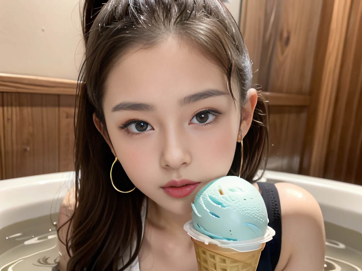 (32k,high detal,high-resolutionhigh-resolution,Attention to detail,full body Esbian,1 girl:1.3),Raw photo & realistic atmosphere,beautiful dark blue eyes,Detailed mouth,Glossy lips,Detailed eyebrows,Soft white skin that shines with every detail,Eyes drawn in detail、Blue eyes,Very beautiful eyes,Detailed lips、Very beautiful face,Very well-formed face、Lifelike face,shiny beautiful lips, Very beautiful high school ,Moderately beautiful, Japanese ido,Korean Idols,Japan Kids Model,Kids Models, Beautiful, Cute15 year old lolith a flushed face,Incredibly cute16 years old, High SchoM-shaped legs spg in the bathroom,,Opening legs,Cute 16 year old girl:1.7),(Looking at tinematic dark light:1.3),(discreet well-shaped breasts,Immature body,Moist eyes,kindly smile,The glaring face is also beautiful:1.2),(Neat and elegant16 year old beautiful girl,Zoom girl's lips,Slouce up from below,Curious camera cover,Interested in cameras,The camera looks very anxiously,I like the camera too much and get close to it,Cover the camera,Zoom from bottom,Up from bottom,Lifting hair,Sleek curly hairstyle,High Ponytail,very light brown shiny hair,16-year-old loli girl1a person,Hair is wet,The whole bodymoisttting into the bathtub,Schoolgirl Uniform,micromini skirt,Red lace underwear,Bathing in water,Sexy Loli Girl with Baby Face,Sexy atmosphere,Medium chest,Pose of licking ice creyes closed and tongue sticking out with lips close to the camera,Ice Cream Eating Pose,Lick the ice cream,Golden earrings:1.5)