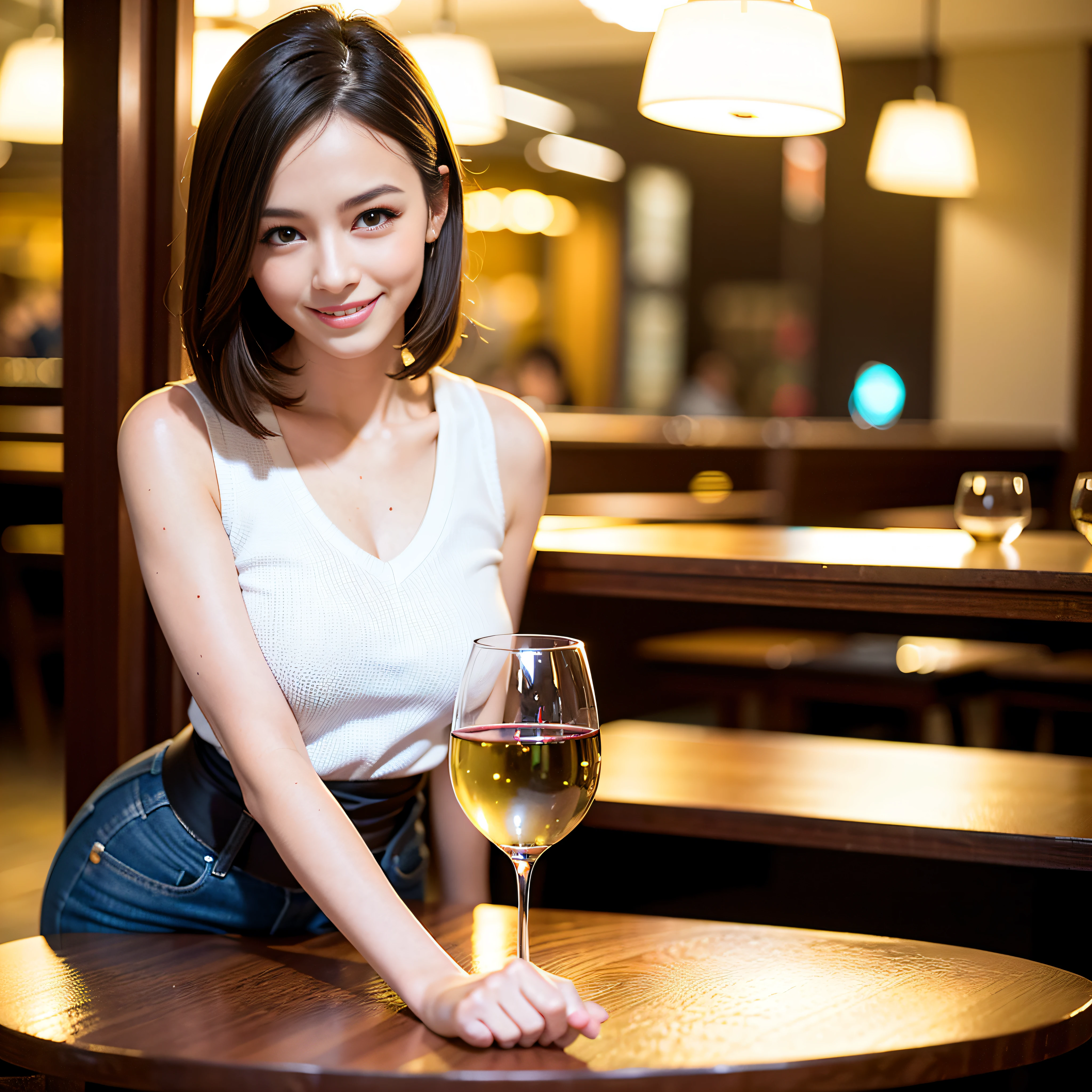 (64K, UHD, top quality, masterpiece: 1.2), (realistic, photorealistic: 1.37), super detailed, pretty woman 1 person, (slim face), (slim body), (brown hair), (short cut), cheeks slightly blushing, (35 years old), 38 years old, solo, beautiful detailed urban night view outside the window, restaurant, wine glasses sit, at night, in a prominent place (from the waist up) NovaFrogStyle, Actress, Model, Waist Up, White Wine, Slim, Wine Glass, Super Clean Night View, Wine Glass Put in the Middle, Happy Smile, (Smile: 1.15), Beautiful Fine Eyes, Upper Body, Bust Japan Up, Night, Short, Short, Actress, Model, Waist Up, White Wine, Slim, Wine Glass, Super Clean Night View, Wine Glass Put in the Middle, Happy Smile,