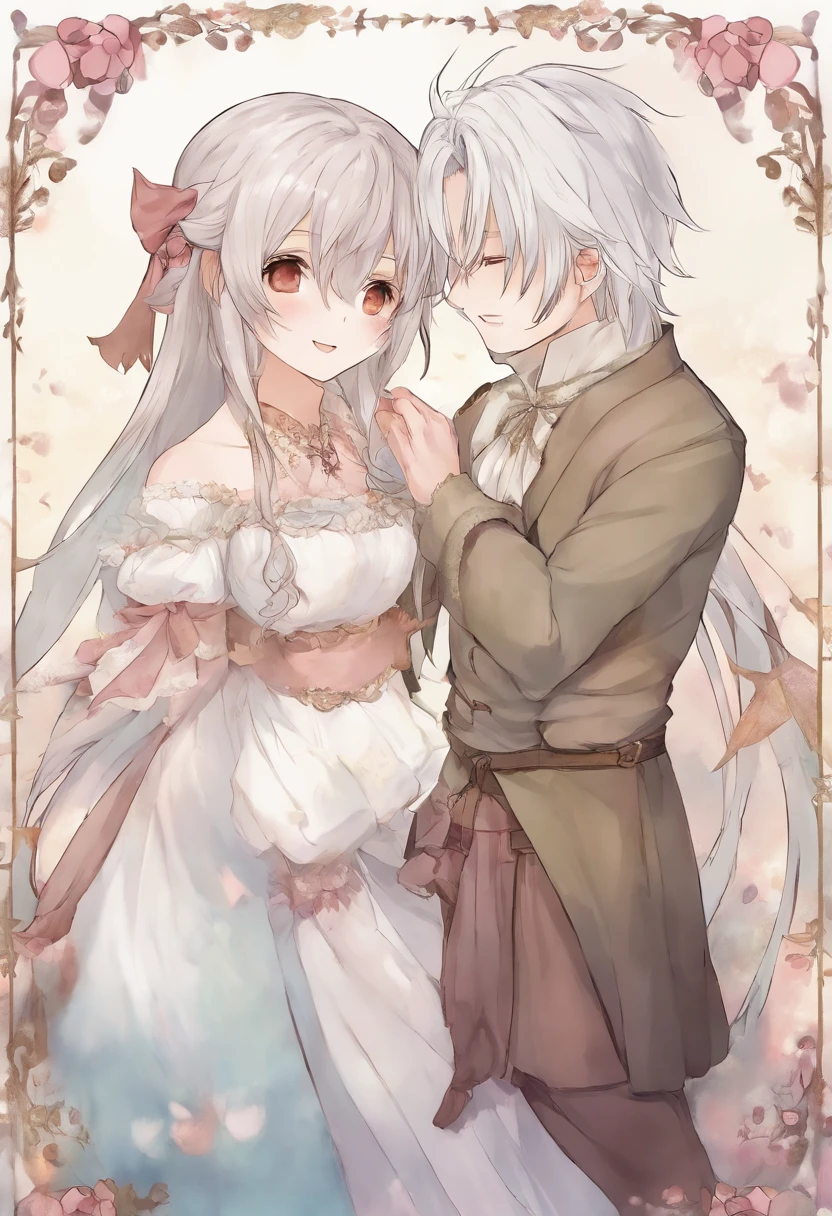 anime drawing of a man and woman in wedding attire, of a ramlethal valentine, happy!!!, rimuru and milim, wip, neferpitou, sasoura, white background : 3, lovely couple, bride and groom, nico wearing a white dress, couple pose, 2b, 2 b, happy couple, unfinished, at pixiv