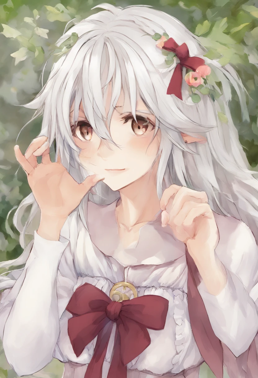 Horikiri Nagisa a long grayish white haired with his hair in cute twin tails flat chested beautiful boy who isn't entirely comfortable with modeling cute feminine clothes for his little sister but is okay with it despite feeling a bit emasculated, Masterpiece,Best quality,