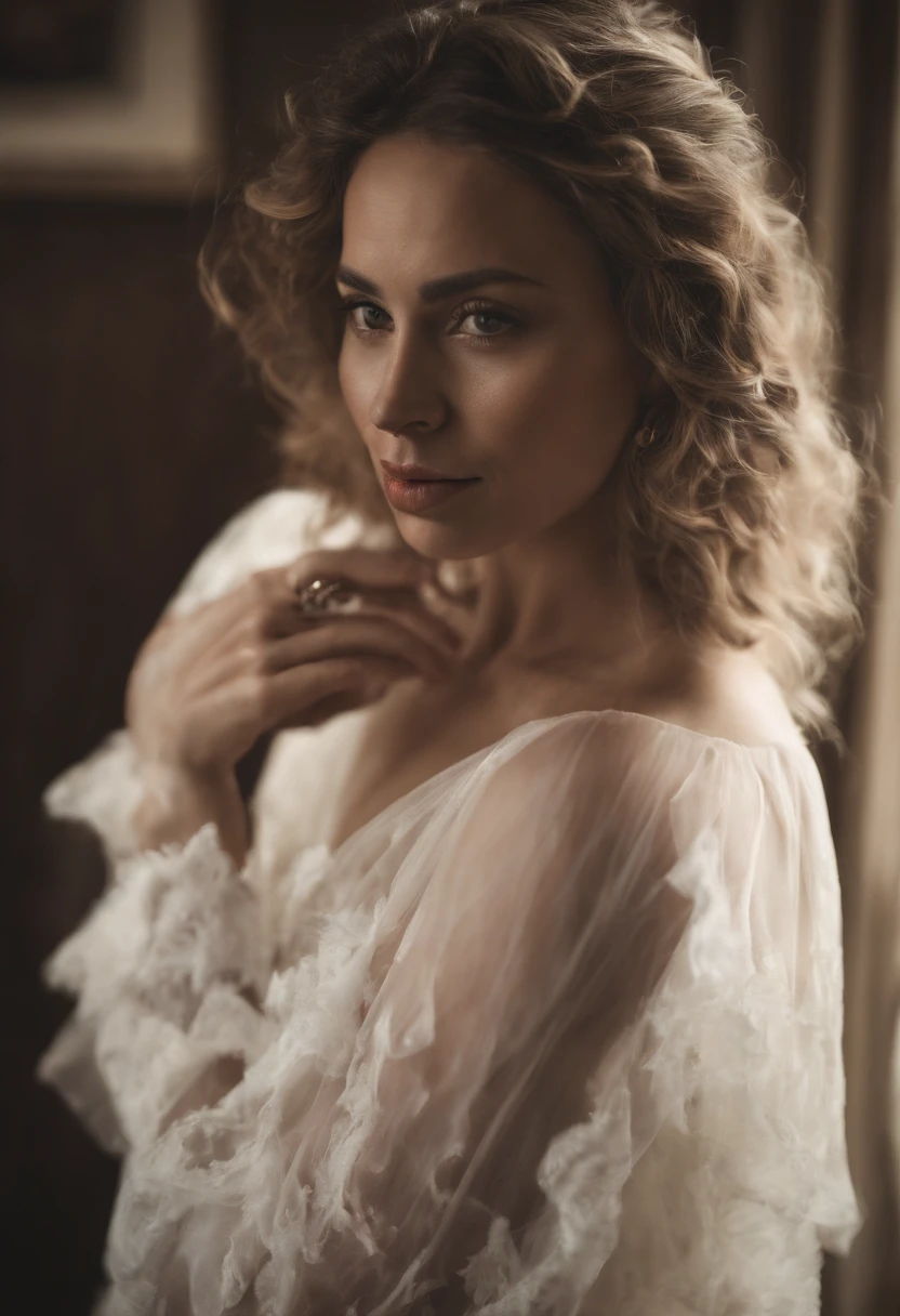 Full body portrait of a charming 18 year old women with curly hay coloured hair, a late 80s look, small freckles, petite figure, beautiful face, captivating dark green eyes, and modest bust size, showcasing her natural beauty, posing in a bedroom, photorealistic, real life, wearing white lingerie