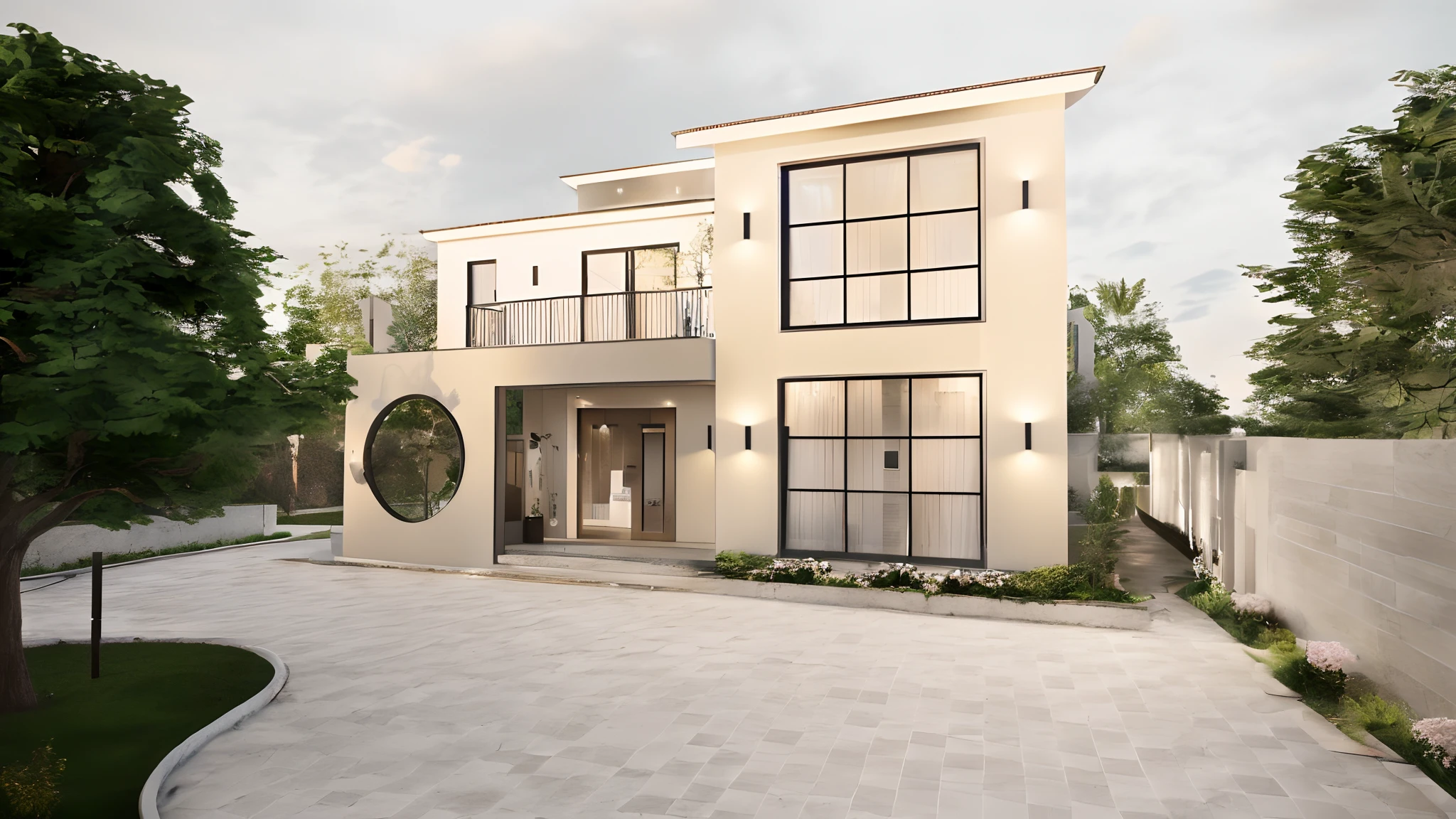 a rendering of a two story house with a balcony and a balcony, concept house, overall architectural design, exterior design, residential design, all white render, front view dramatic, frontview, front perspective, 3/4 view realistic, complete house, inter dimensional villa, front-view, front elevation view, 3/4 view, 3 / 4 view