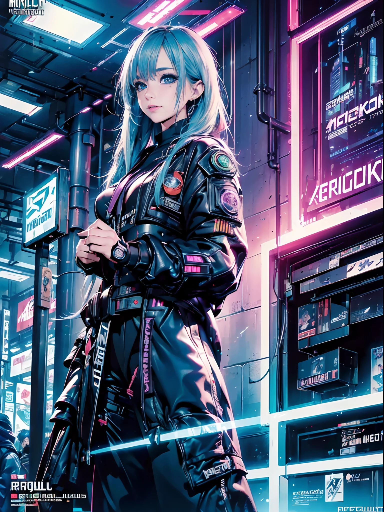 (photo realistic:1.4), (hyper realistic:1.4), (realistic:1.3), (smoother lighting:1.05), (increase cinematic lighting quality:0.9),(((Cyberpunk  magazine covers))),glossy cover,Bulma from Dragon Ball,Rainbow Color