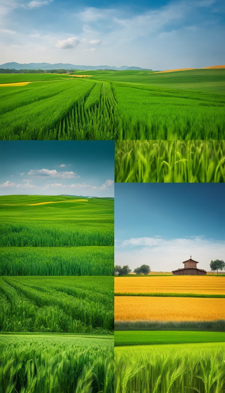 Green wheat fields，blue-sky，baiyun，The bird，Enter text：Luxurious