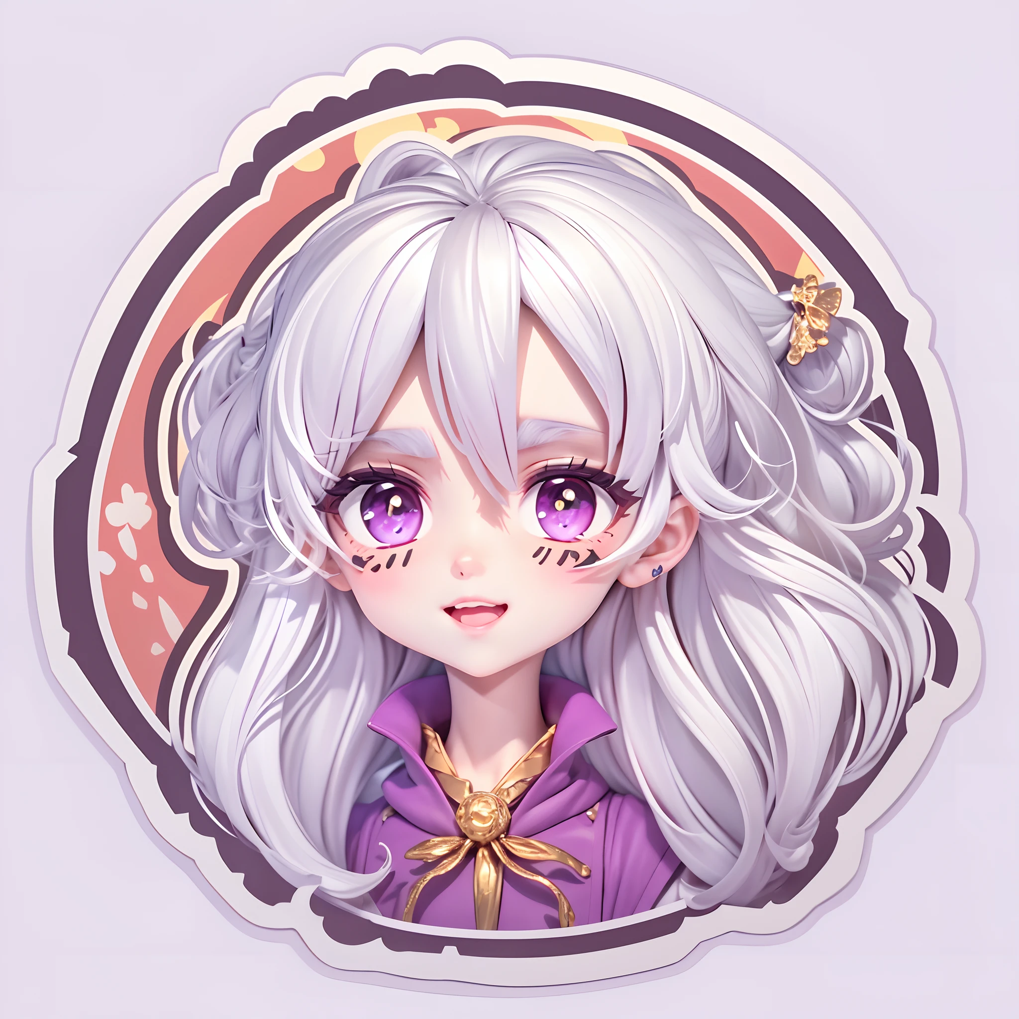 (Sticker),White background,(in circle), (3D anime vampires), long layered silvery white hair,Light purple eyes,joyful expressions,cute clothing.Gold border,Simple, Ultra detailed, Detailed drawing, vectorised, Silhouette, 8K, professional sticker design, Flat design, Vector lines, Sticker, Drawing, Drawing, Full-HD