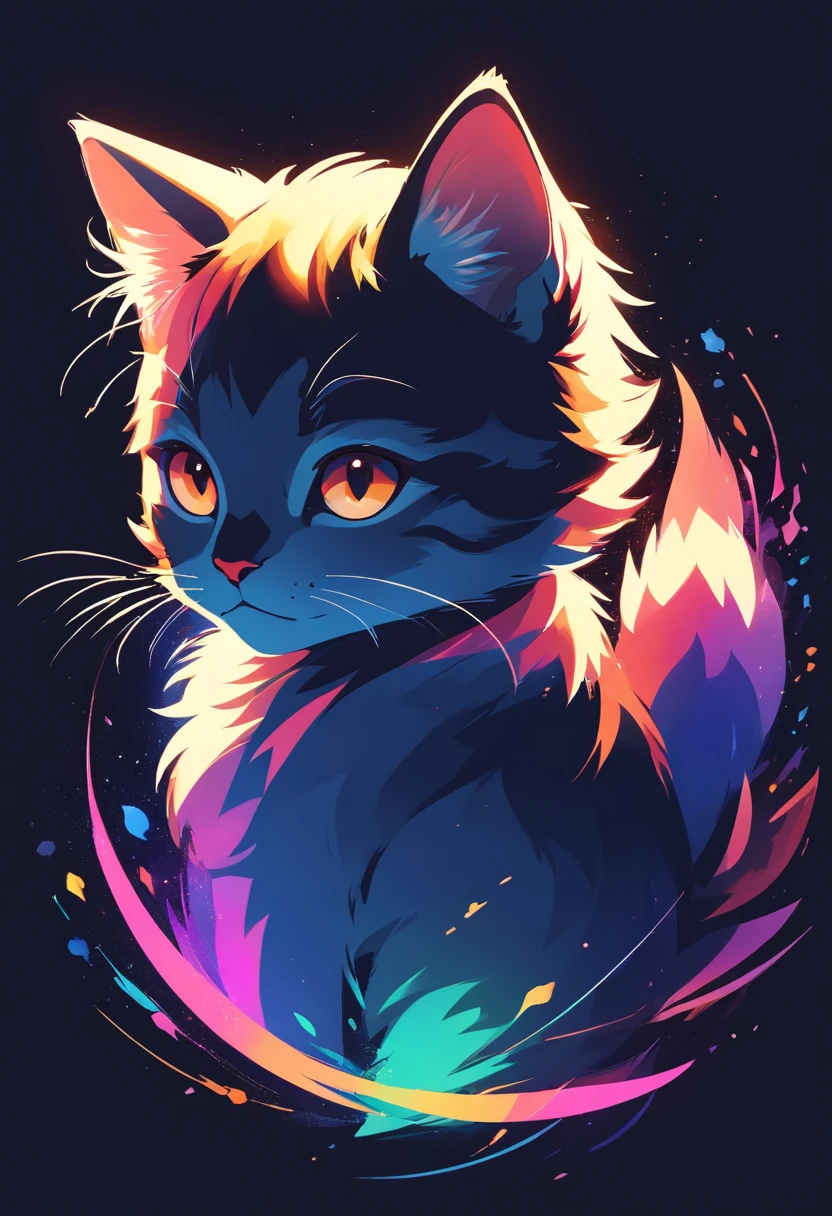 Colorful Logo, Minimalist cute kitten head vector art logo illustration, brow, magia, Crisp design, tender, monochrome color, Dark Magic Ink Color Splash, tshirt design, Studio Ghibli style, The design must be vector art . Using Adobe Illustrator, Create a cleanup, Simple Logo, But fascinating. Focus the design on the cat's eyes, Capture your uniqueness and charm. The logo should evoke a sense of sophistication and tranquility. By focusing on low-poly style、Add a sense of luxury. The overall aesthetic must be elegant and elegant, Related to brand and logo goals, black backgrounds, ((Simemeter)) It's a little cat