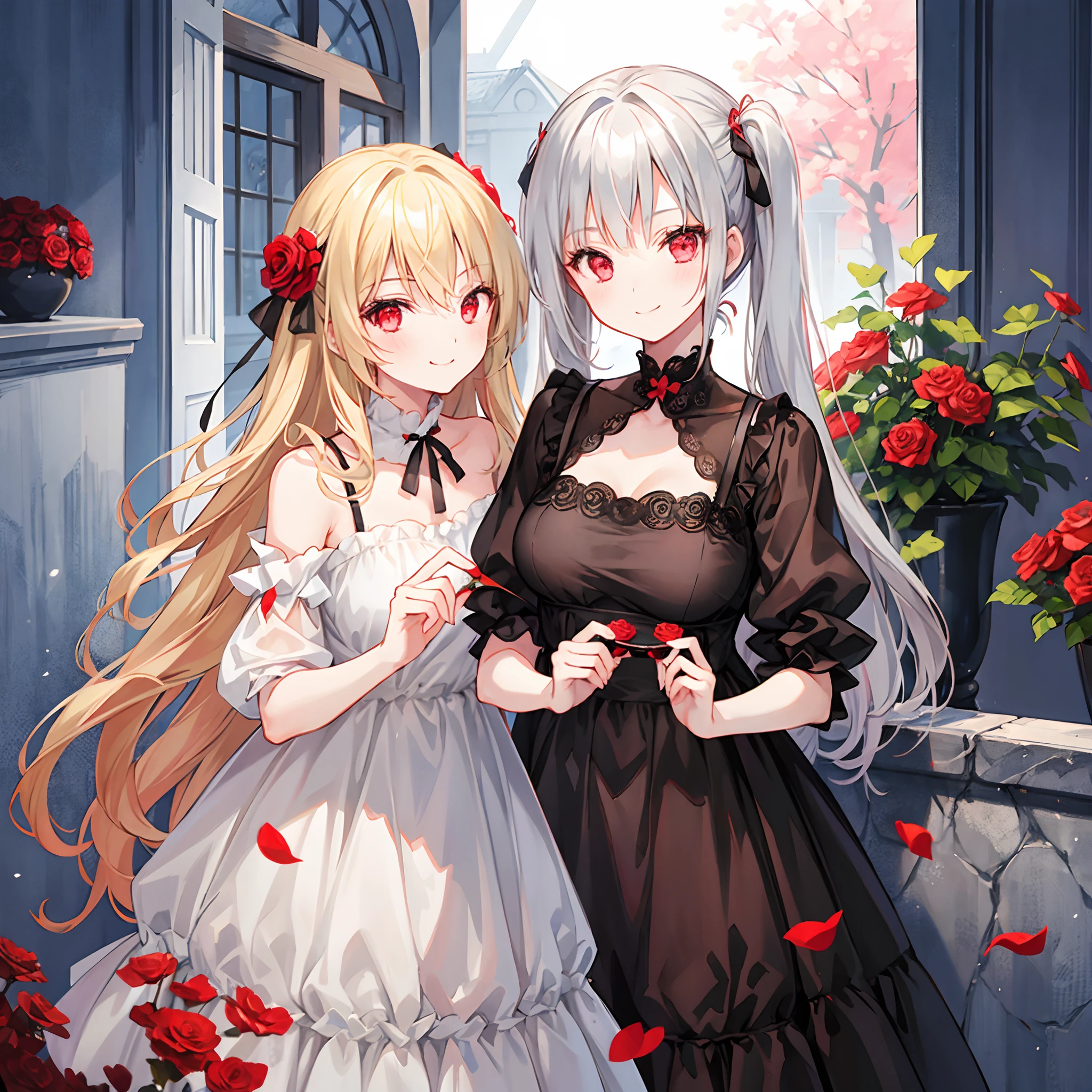 Girl with gray hair and red eyes、Blonde and red-eyed girl、A smile、Retro dresses、Surrounded by roses