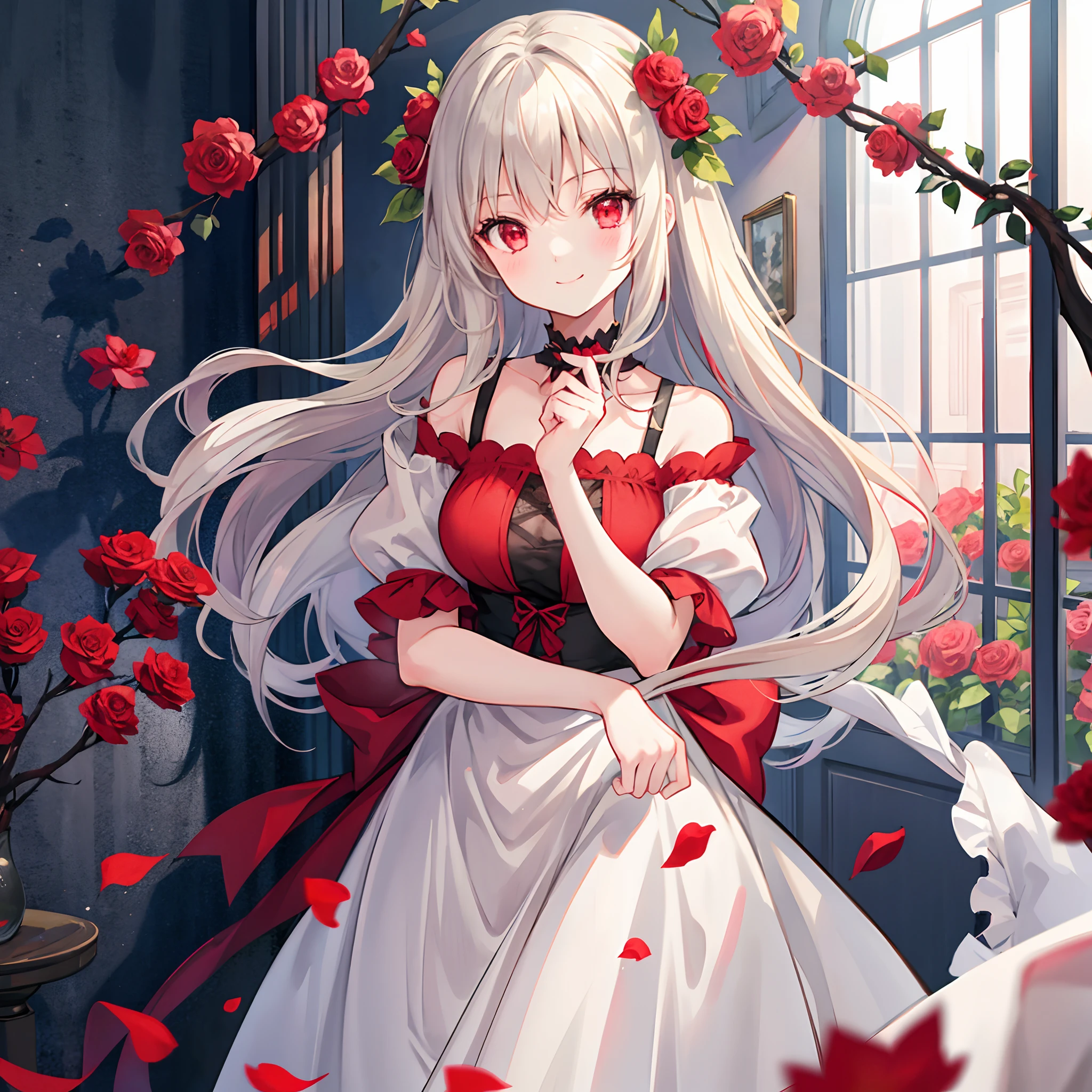 Girl with gray hair and red eyes、Blonde and red-eyed girl、A smile、Retro dresses、Surrounded by roses