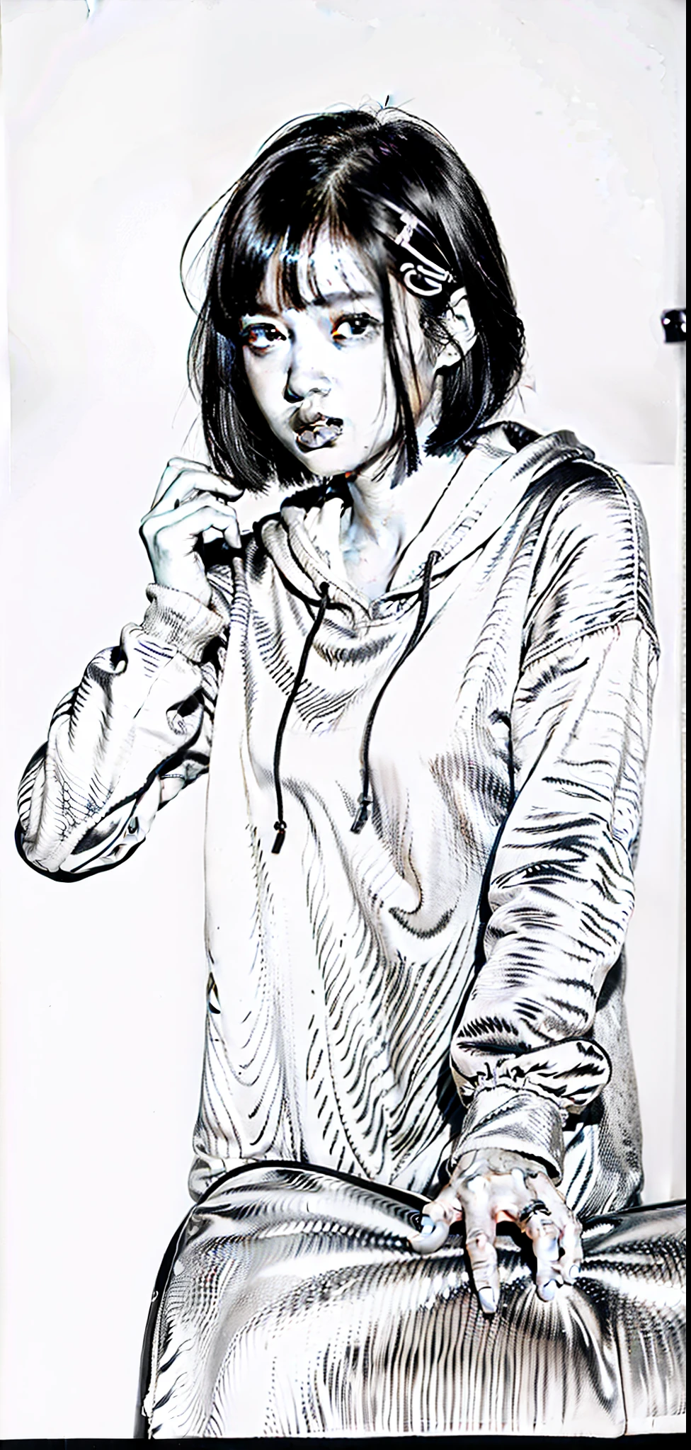 1girll,16 yaers old，Around 16 years old，Looks to the side，with short black hair，slanted bangs，Fish-shaped hairpins，Fish-shaped hairpins，Asian people，Teenage uncensored，Hold the sofa with your left hand，Leather sofa，Brown sofa，Sweatshirt，hoody，Long hoodie，prop up，The right hand ruffles the hair