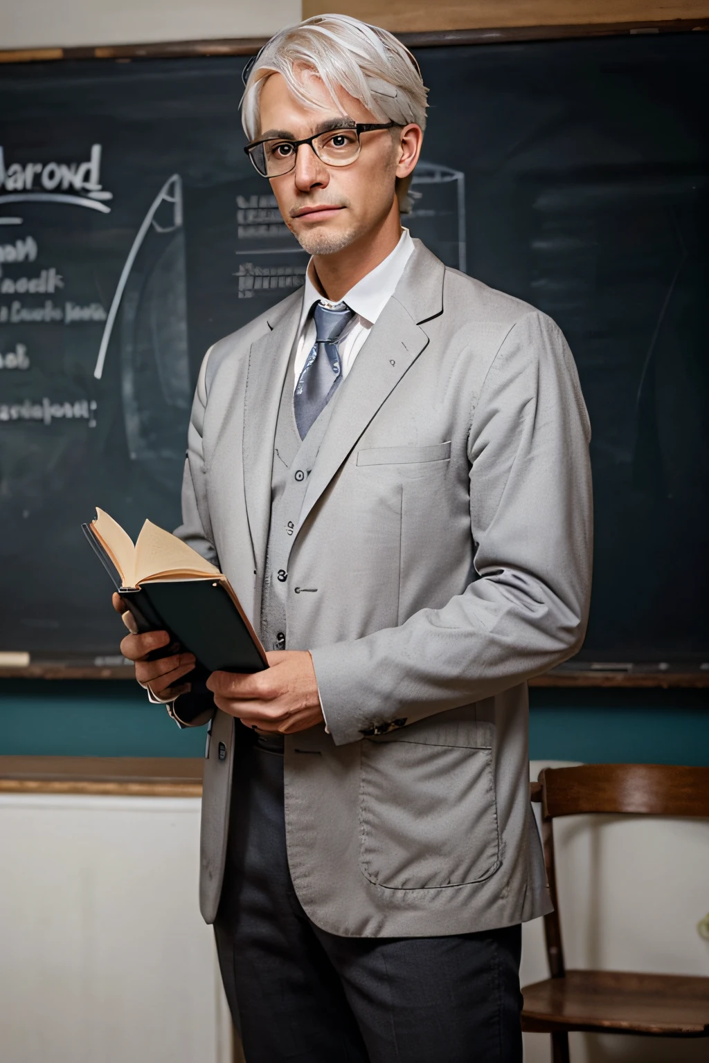 white color hair，Professor with glasses，Stand in front of the blackboard，holding a book in his hands，It looks very majestic