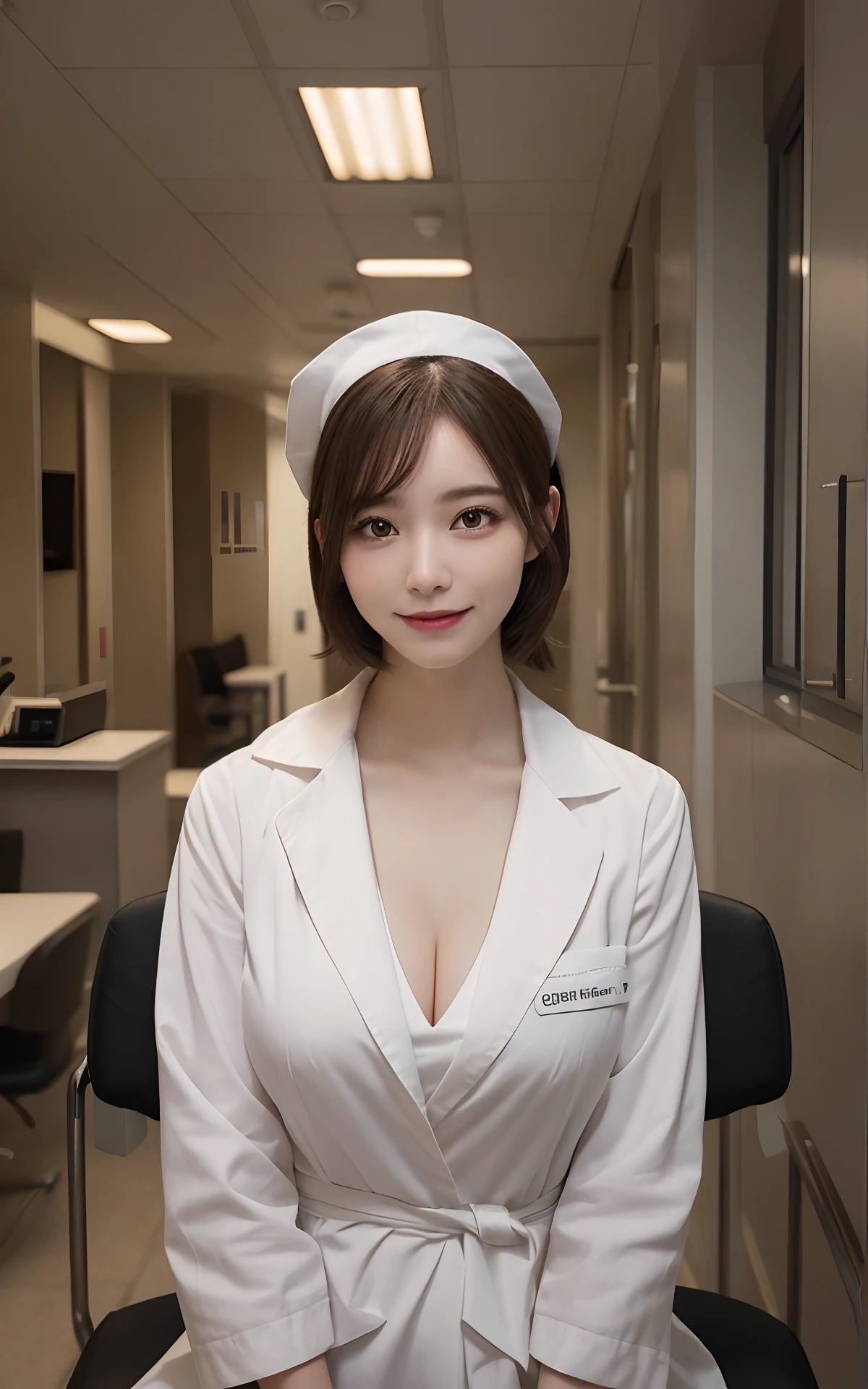 masutepiece, Best Quality, Illustration, Ultra-detailed, finely detail, hight resolution, 8K Wallpaper, Perfect dynamic composition, Beautiful detailed eyes, White Nurse Jacket,Bob Hair, mid-chest, Natural Color Lip,Smile,20 years girl　Colossal tits、Hospital Reception、White nurse cap、Sitting at a desk