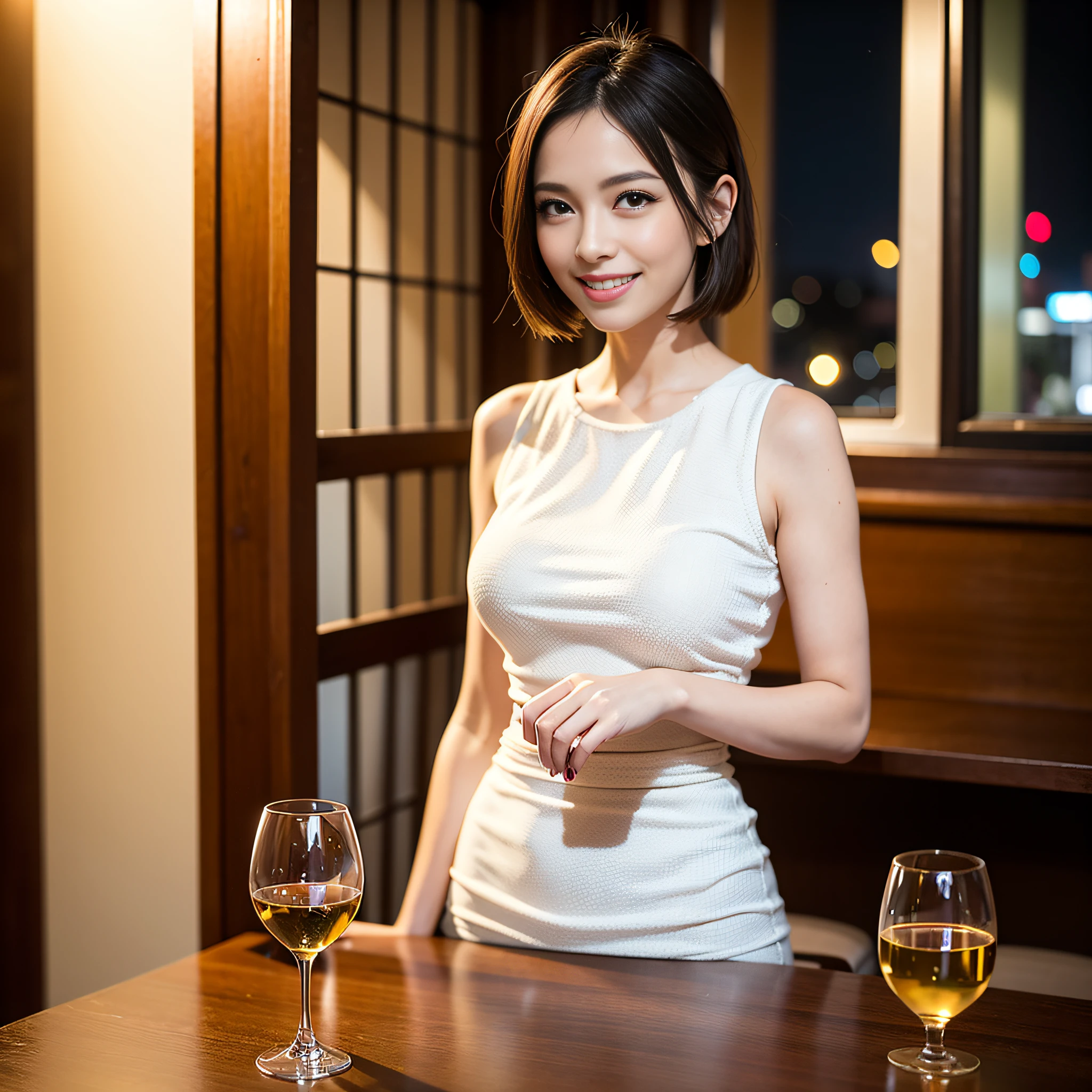 (64K, UHD, top quality, masterpiece: 1.2), (realistic, photorealistic: 1.37), super detailed, pretty woman 1 person, (slim face), (slim body), (brown hair), (short cut), cheeks slightly blushing, (44 years old), 38 years old, solo, beautiful detailed urban night view outside the window, restaurant, wine glasses sit, at night, in a prominent placeNovaFrogStyle, Actress, Model, Waist Up, White Wine, Slim, Wine Glass, Super Clean Night View, Wine Glass Put in the Middle, Happy Smile, (Smile: 1.15), Beautiful Fine Eyes, Upper Body, Bust Japan Up, Night, Short, Short, Actress, Model, Waist Up, White Wine, Slim, Wine Glass, Super Clean Night View, Wine Glass Put in the Middle, Happy Smile,