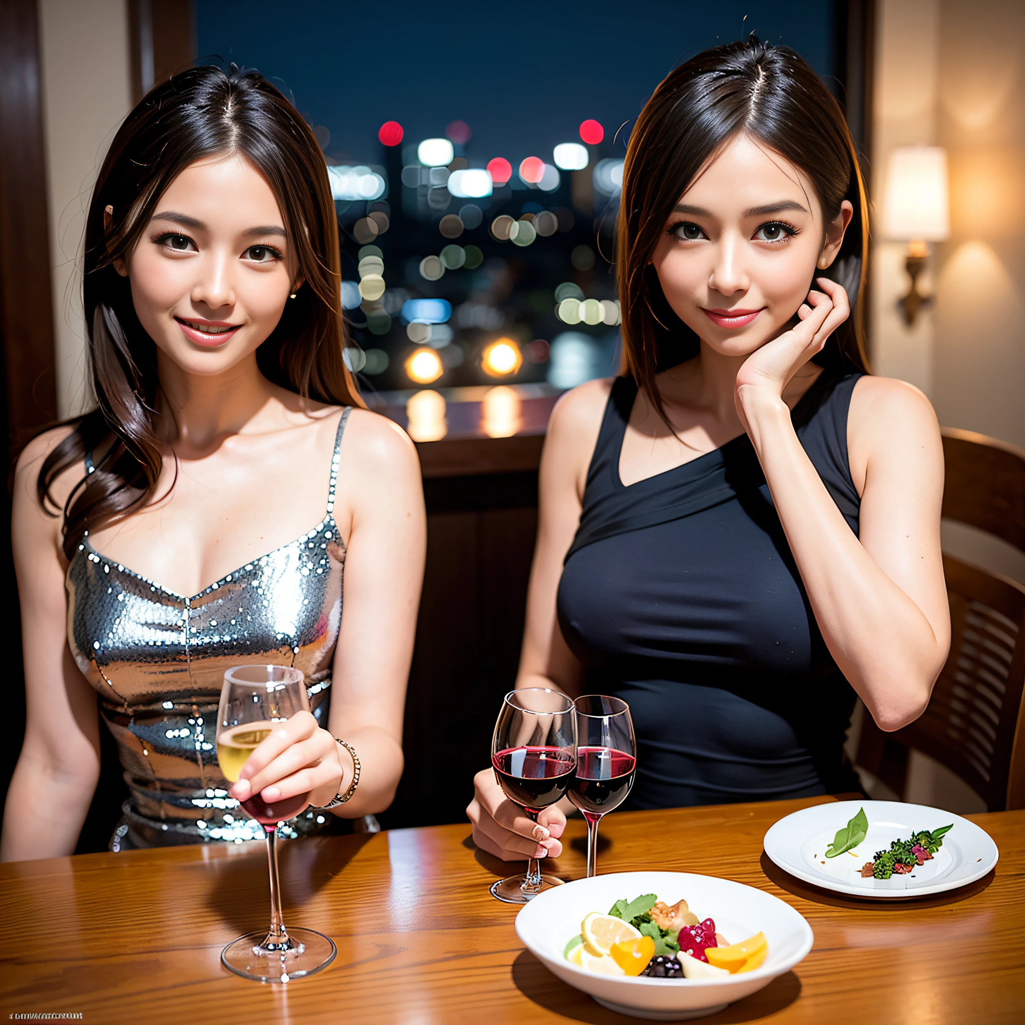 (64K, UHD, top quality, masterpiece: 1.2), (realistic, photorealistic: 1.37), super detailed, pretty woman 1 person, (slim face), (slim body), (brown hair), (short cut), cheeks slightly blushing, (44 years old), 38 years old, solo, beautiful detailed urban night view outside the window, restaurant, wine glasses sit, at night, in a prominent placeNovaFrogStyle, Actress, Model, Waist Up, White Wine, Slim, Wine Glass, Super Clean Night View, Wine Glass Put in the Middle, Happy Smile, (Smile: 1.15), Beautiful Fine Eyes, Upper Body, Bust Japan Up, Night, Short, Short, Actress, Model, Waist Up, White Wine, Slim, Wine Glass, Super Clean Night View, Wine Glass Put in the Middle, Happy Smile,