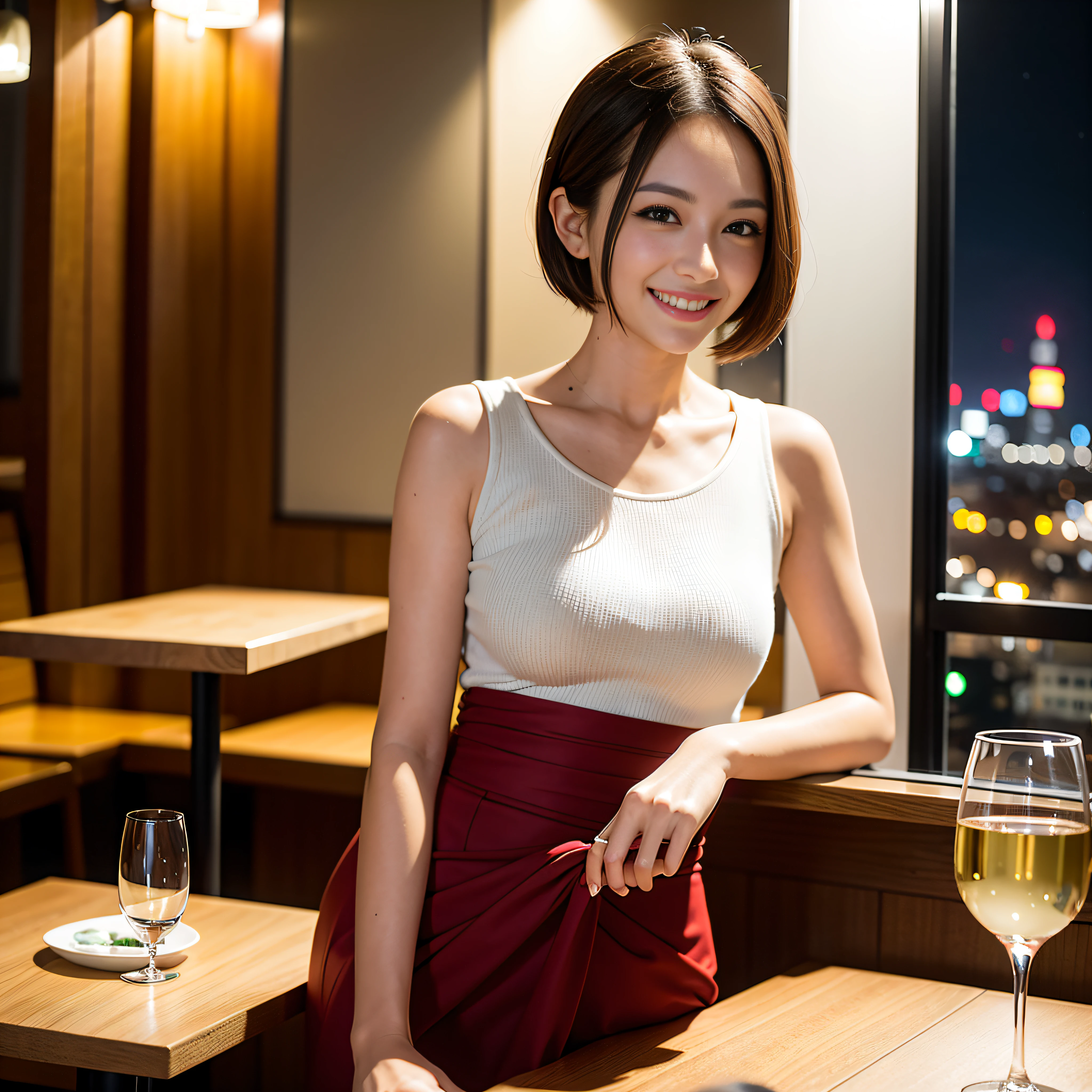 (64K, UHD, top quality, masterpiece: 1.2), (realistic, photorealistic: 1.37), super detailed, pretty woman 1 person, (slim face), (slim body), (brown hair), (short cut), cheeks slightly blushing, (35 years old), 38 years old, solo, beautiful detailed urban night view outside the window, restaurant, wine glasses sit, at night, in a prominent place (from the waist up) NovaFrogStyle, Actress, Model, Waist Up, White Wine, Slim, Wine Glass, Super Clean Night View, Wine Glass Put in the Middle, Happy Smile, (Smile: 1.15), Beautiful Fine Eyes, Upper Body, Bust Japan Up, Night, Short, Short, Actress, Model, Waist Up, White Wine, Slim, Wine Glass, Super Clean Night View, Wine Glass Put in the Middle, Happy Smile,