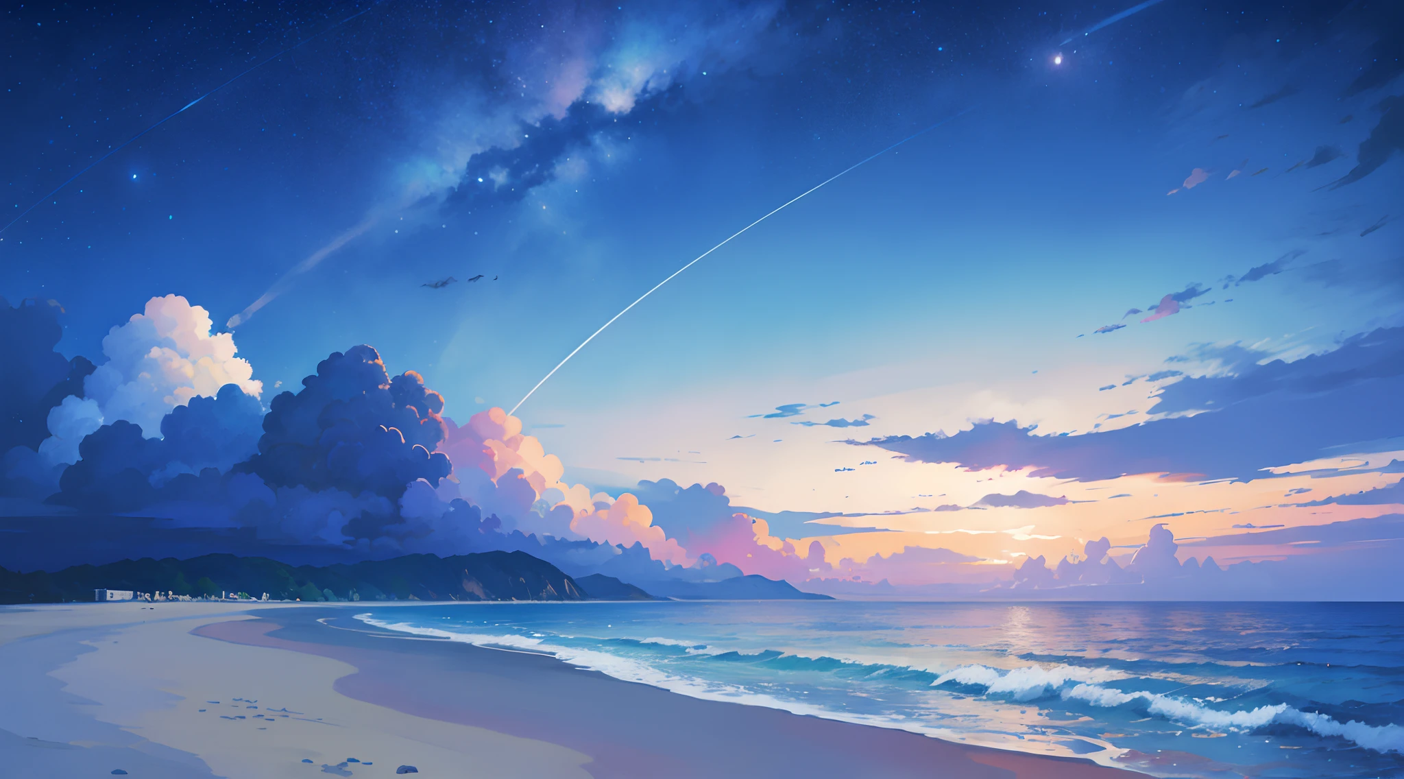 Sem humanos, Starry sky, blue and purple sky, Praia, Clima noturno, bela cena de anime, anime sky, dream-like setting, genial, master part, best quality, absolutely resolution, ultra detalhado, 8k, cura, relaxamento