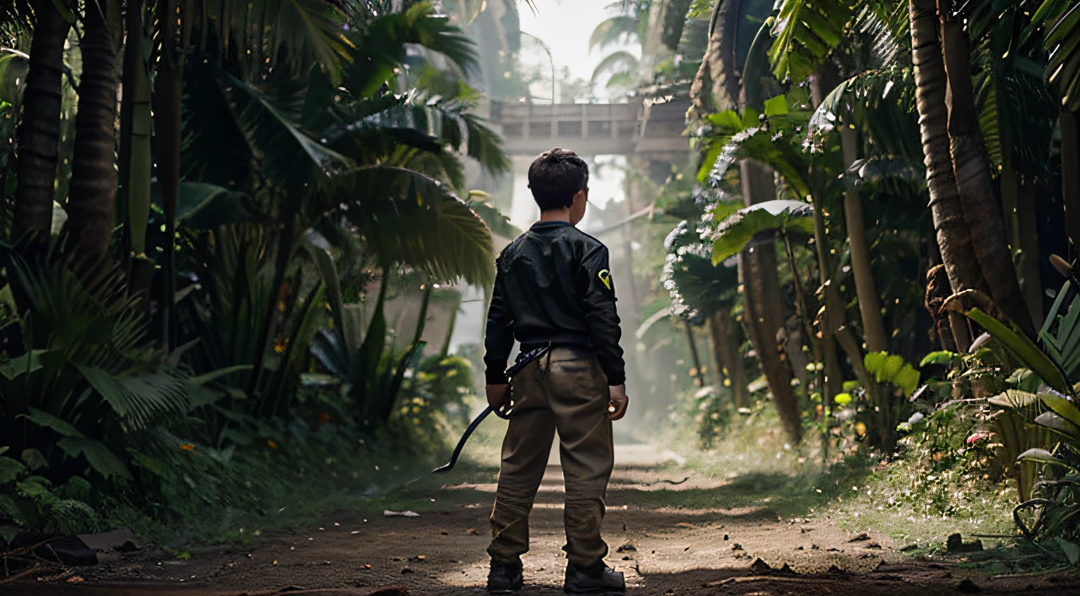 create a image for in which a boy is standing with a cattle in his hand and behind him a dark jungle in futuristic and realistic mode.