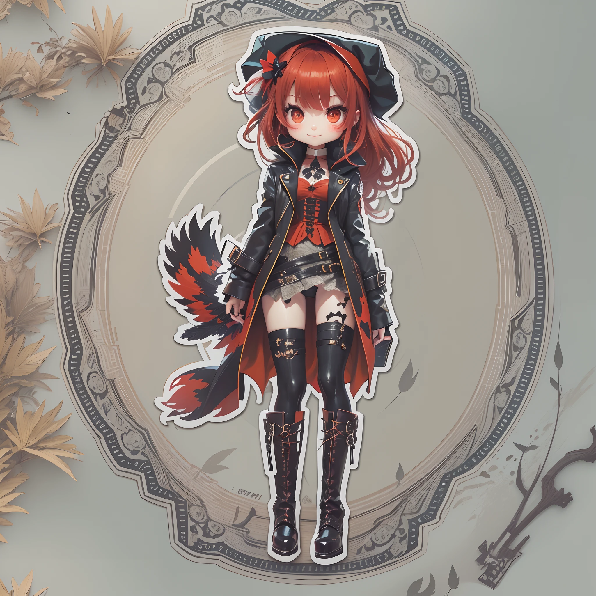 ((Sticker,))(Anime Gothic Girl),Tattooed with,She wears a stud PVC corset,red colour,There are feathers on the shoulders, wind coat,kneehigh boots,fish net leggings,joyful expressions,cute clothing,((in circle)), ((White background)), ((Gold border)),Simple, Ultra detailed, Detailed drawing, vectorised, 8K, professional sticker design, Flat design, Vector lines, Sticker, Drawing, Drawing, Full-HD