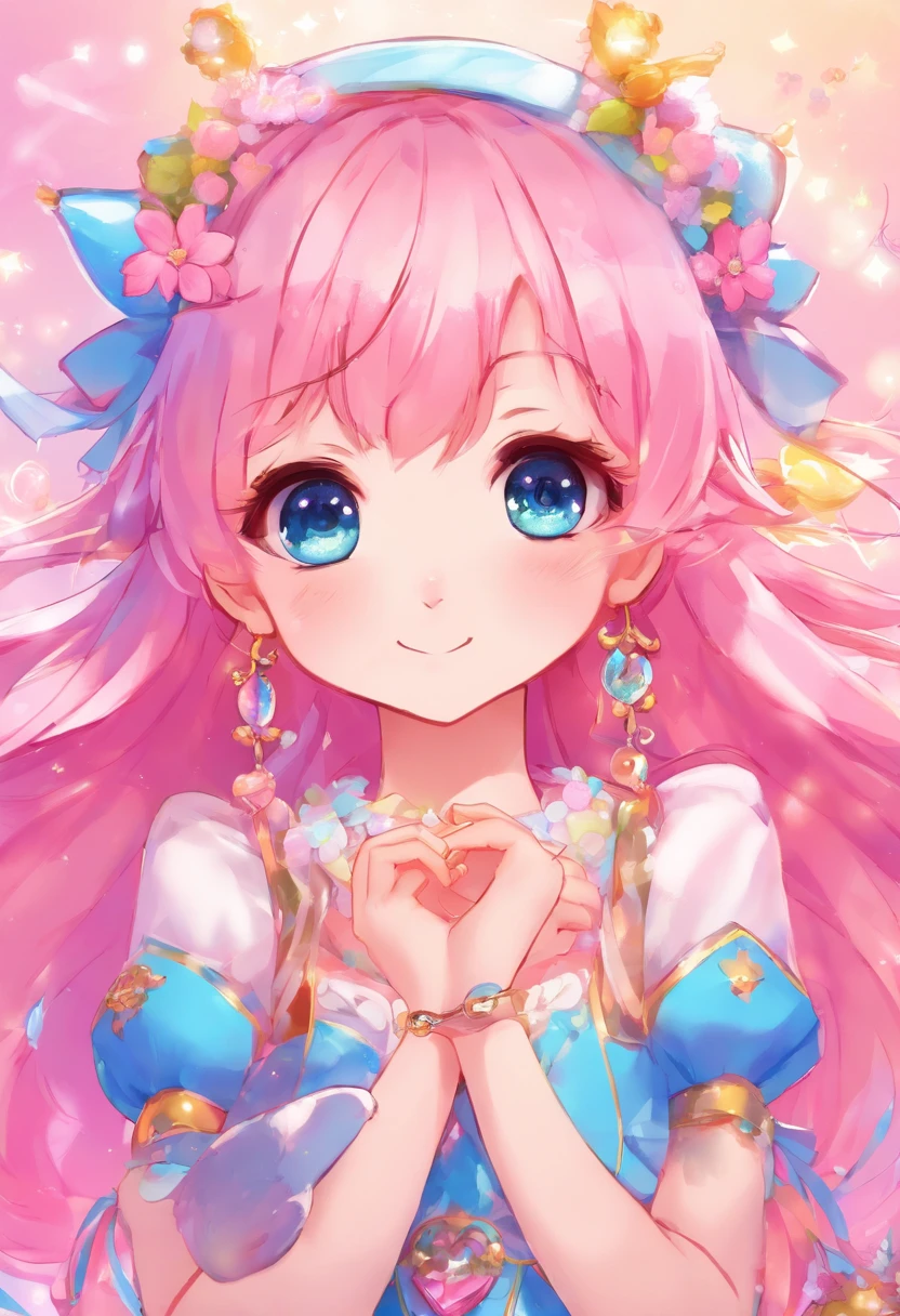 Cute Magical Girl、Pink hair、Blue eyes、Very beautiful girl、Eyes full of stars、cute background、