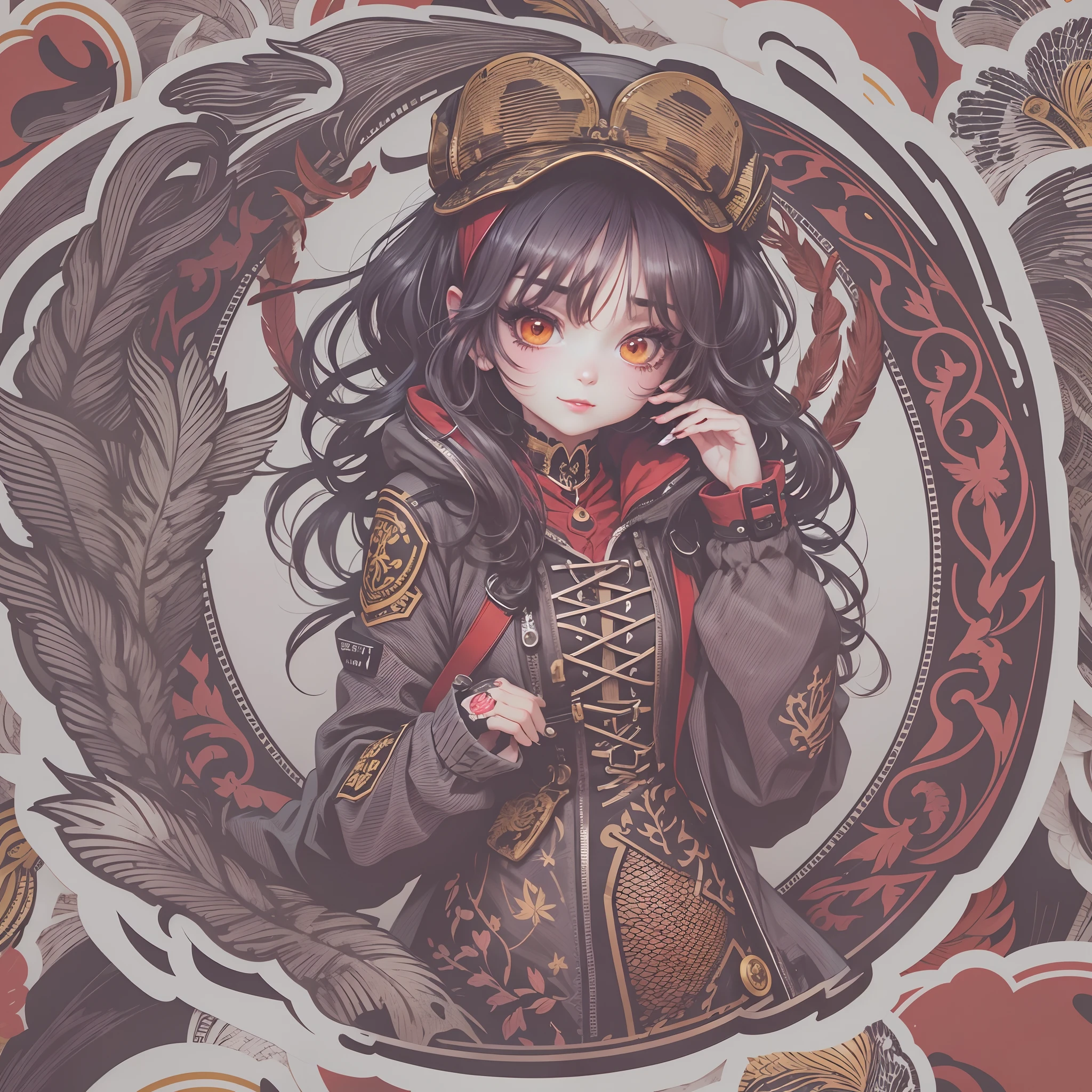 ((Sticker,))(Anime Gothic Girl),Tattooed with,She wears a stud PVC corset,red colour,There are feathers on the shoulders, wind coat,kneehigh boots,fish net leggings,joyful expressions,cute clothing,((in circle)), ((White background)), ((Gold border)),Simple, Ultra detailed, Detailed drawing, vectorised, 8K, professional sticker design, Flat design, Vector lines, Sticker, Drawing, Drawing, Full-HD