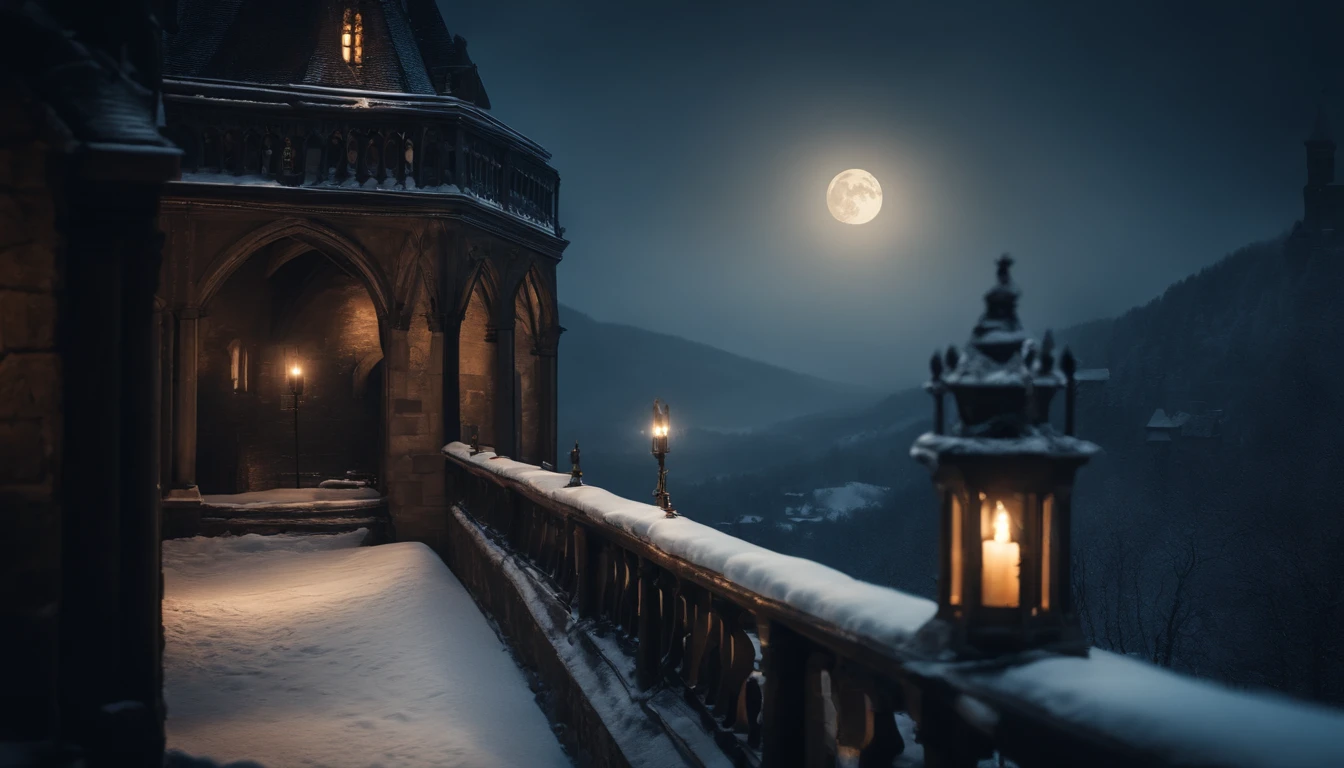 medieval castle balcony, snow, midnight, moon rising, gothic, vampiric, cinematic, 8k, scene from film