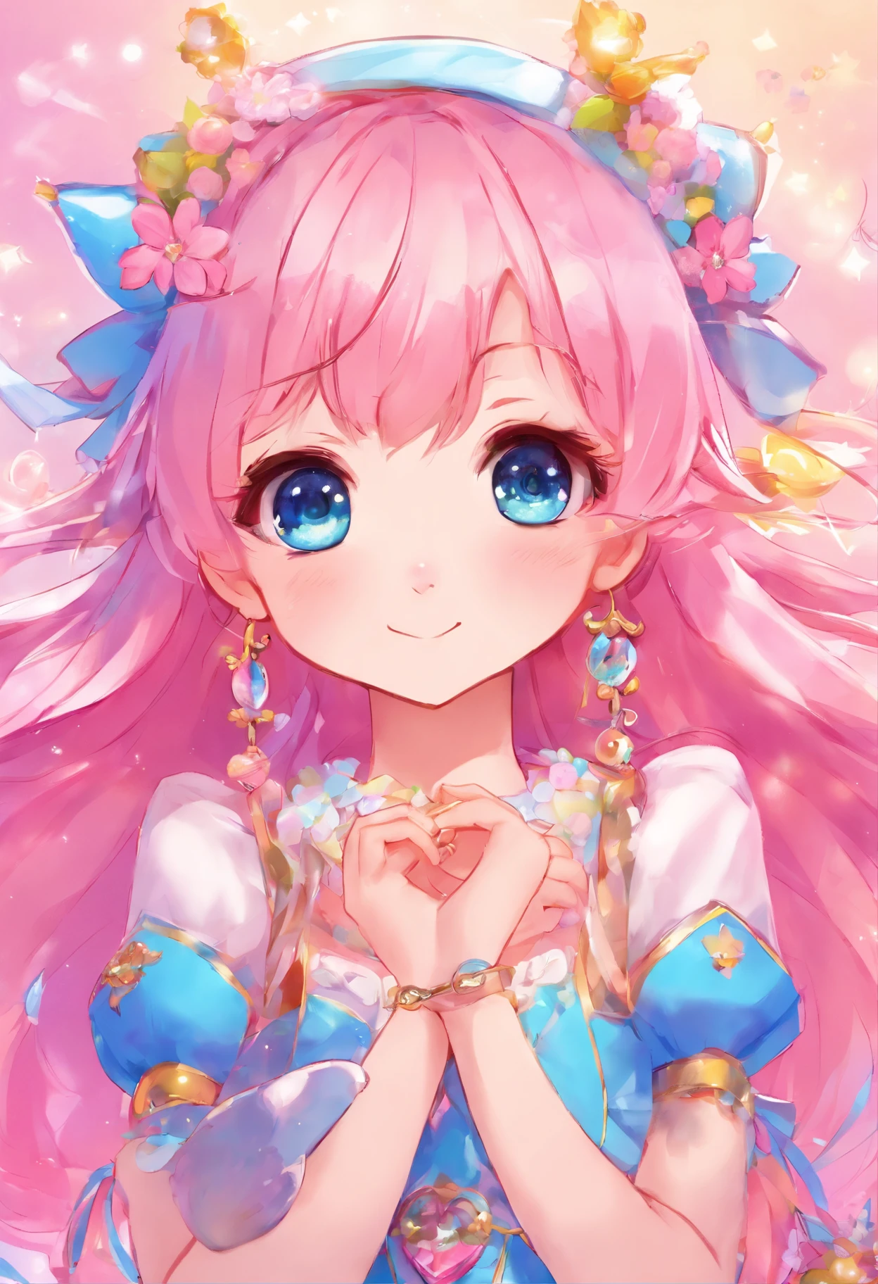 Cute Magical Girl、Pink hair、Blue eyes、Very beautiful girl、Eyes full of stars、cute background、