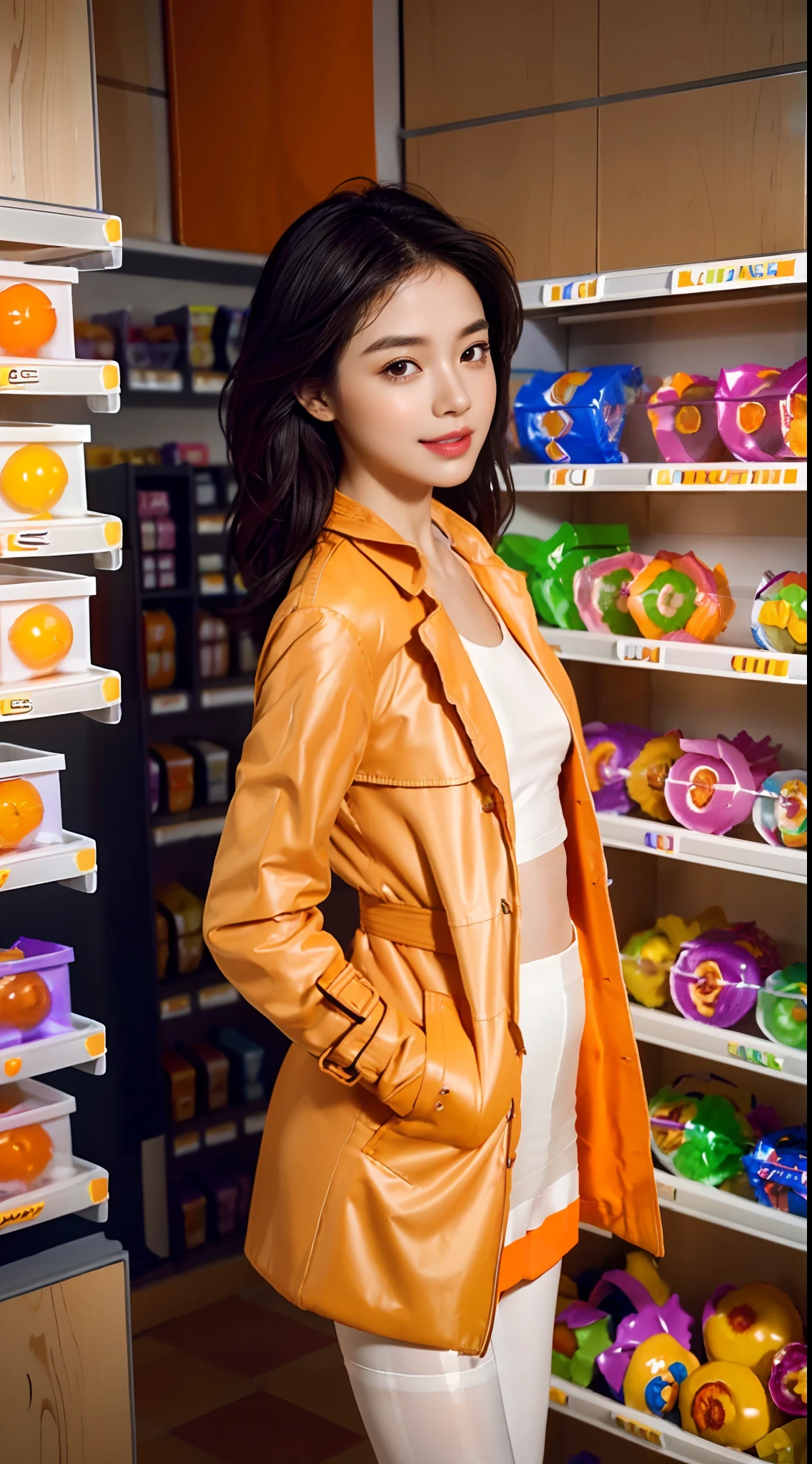 (shoulder length straight short black hair:0.8), （Extremely meticulous CG 8k wallpaper），（Extremely refined and beautiful），（Masterpiece），（best qualtiy：1.0），（Ultra High Resolution：1.0），beautiful light up，Perfect lightning，realistic shaded，[A high resolution]，Smooth and flawless fair skin，Extremely exquisite facial details,(perfect body:1.1），ultra - detailed,A beautiful girl,small head,(Small breasts:1.1),Flat chests,slim,thin,Smile,cheerfulness,(Orange trench coat:1.5),(pantyhose:1.4),(White sneakers:1.3),standing,At a convenience store,(Many candies on the shelves:1.6),bright lights,Portrait photo,from side,cowboy shot