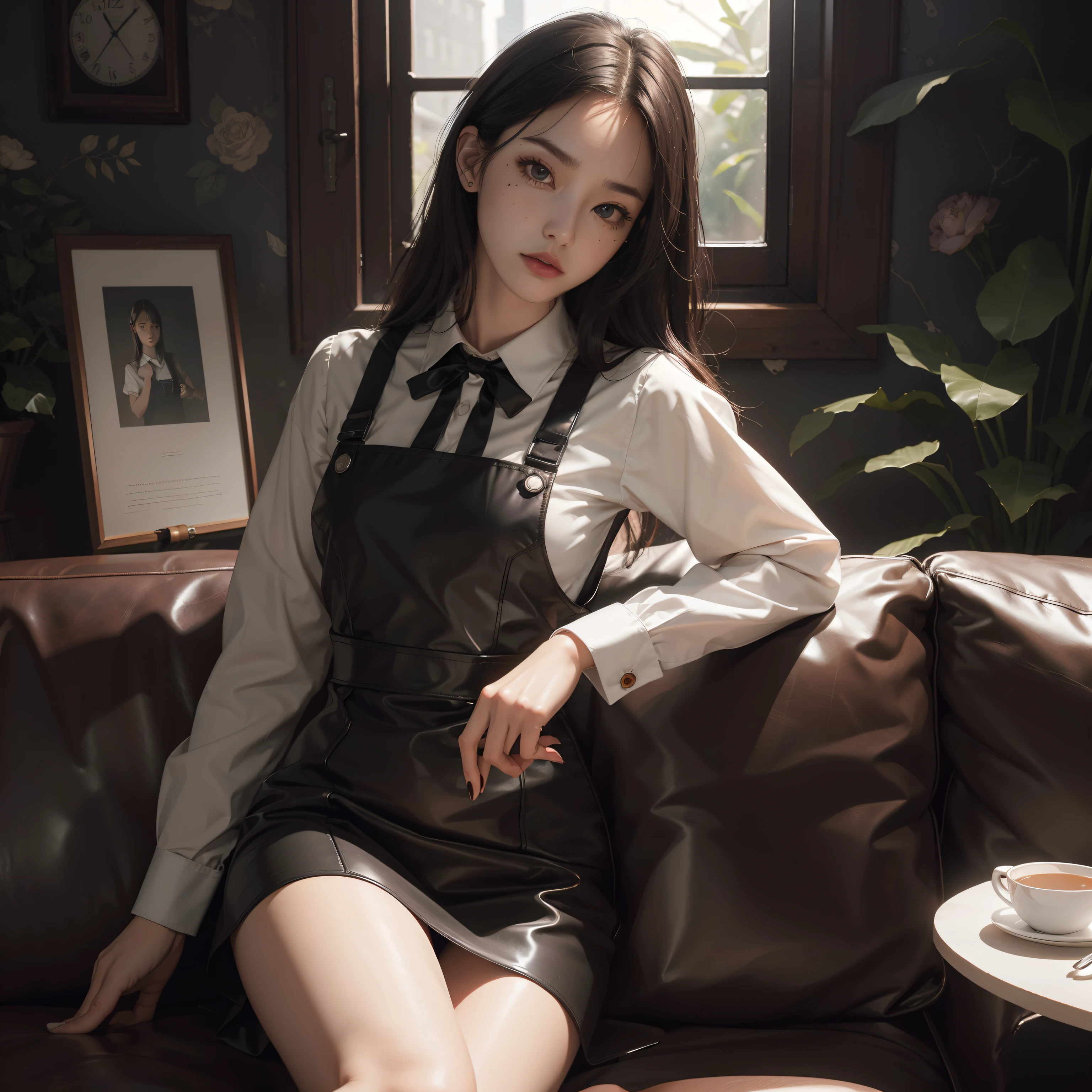 (Hyper-realistic), (Illustration), (High resolution), (8K), (Extremely detailed), (Best Illustration), Yol ( chain saw man ), (Beautiful detailed eyes), (Best Quality), (Ultra-detailed), (masutepiece), (Wallpaper), (Detailed face), Solo, Upper body, Focus on Face, 1 girl, Long Black Hair, Korean, Thin eyeshadow, A detailed eye, Brown eyes, Small moles under the eyes, very slender legs,Long sleeve shirt, Neckbow,  Small breasts,Black leather shoes,pinafore dress, Dynamic Pose, low illuminance, Night, Dark, Clouds, a dark night,sit on sofa,Drinking black tea,
