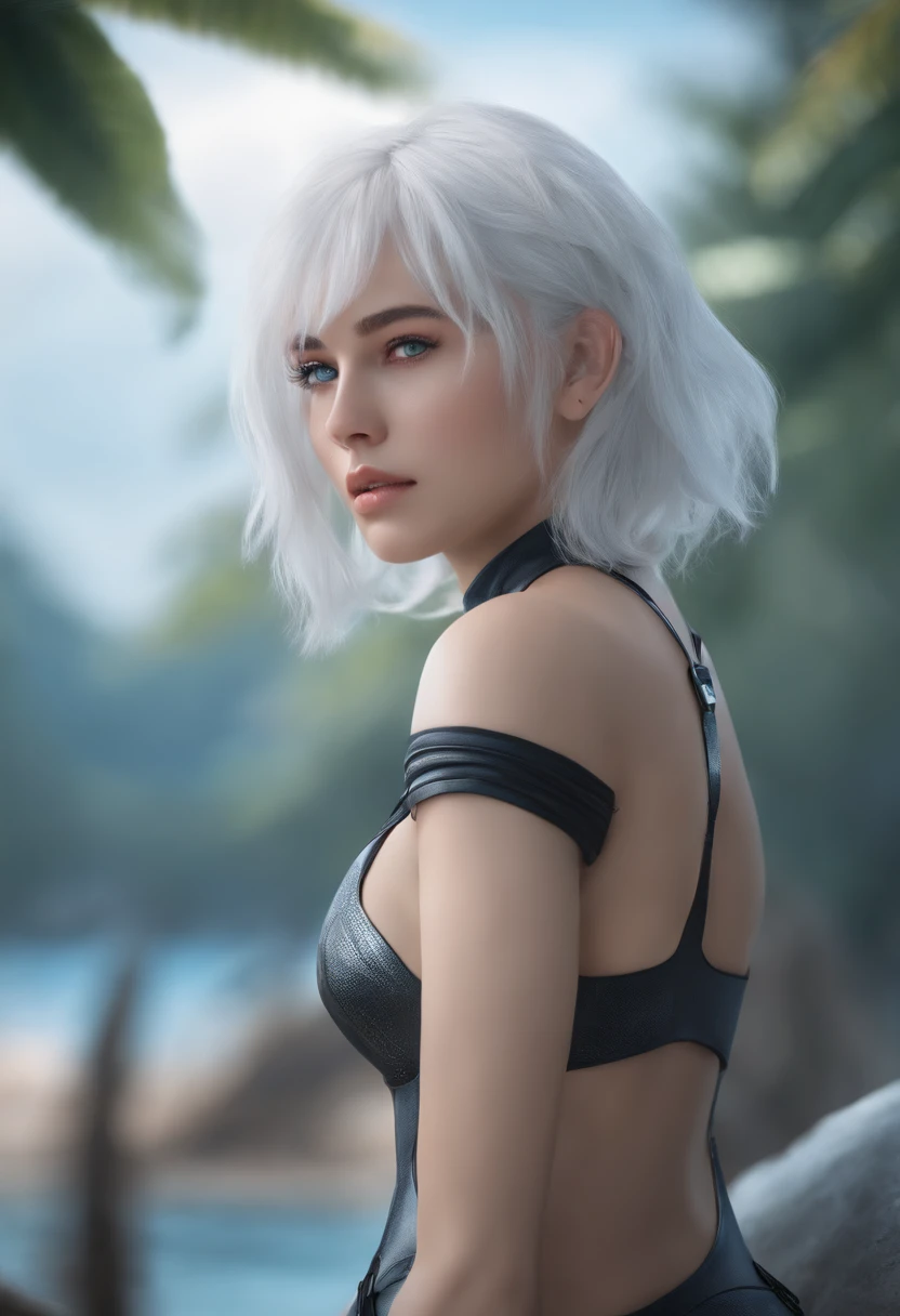 1girl, techwear swimsuit, blue eyes, white hair, ultrasharp, short hair, 8k, looking at viewer, mean stare