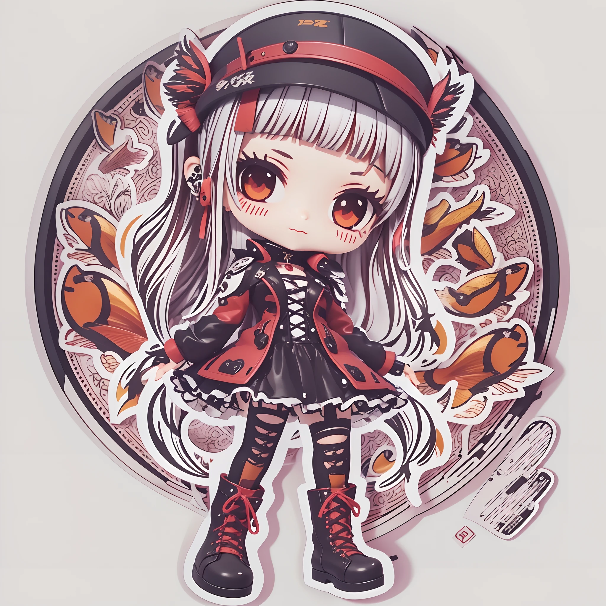 ((Sticker,))(3D anime gothic girl)，Tattooed with，She wears a stud PVC corset，red colour，There are feathers on the shoulders, wind coat，kneehigh boots，fish net leggings，joyful expressions，cute clothing，((in circle)), ((White background)), ((Gold border))，Simple, Ultra detailed, Detailed drawing, vectorised, 8K, professional sticker design, Flat design, Vector lines, Sticker, Drawing, Drawing, Full-HD