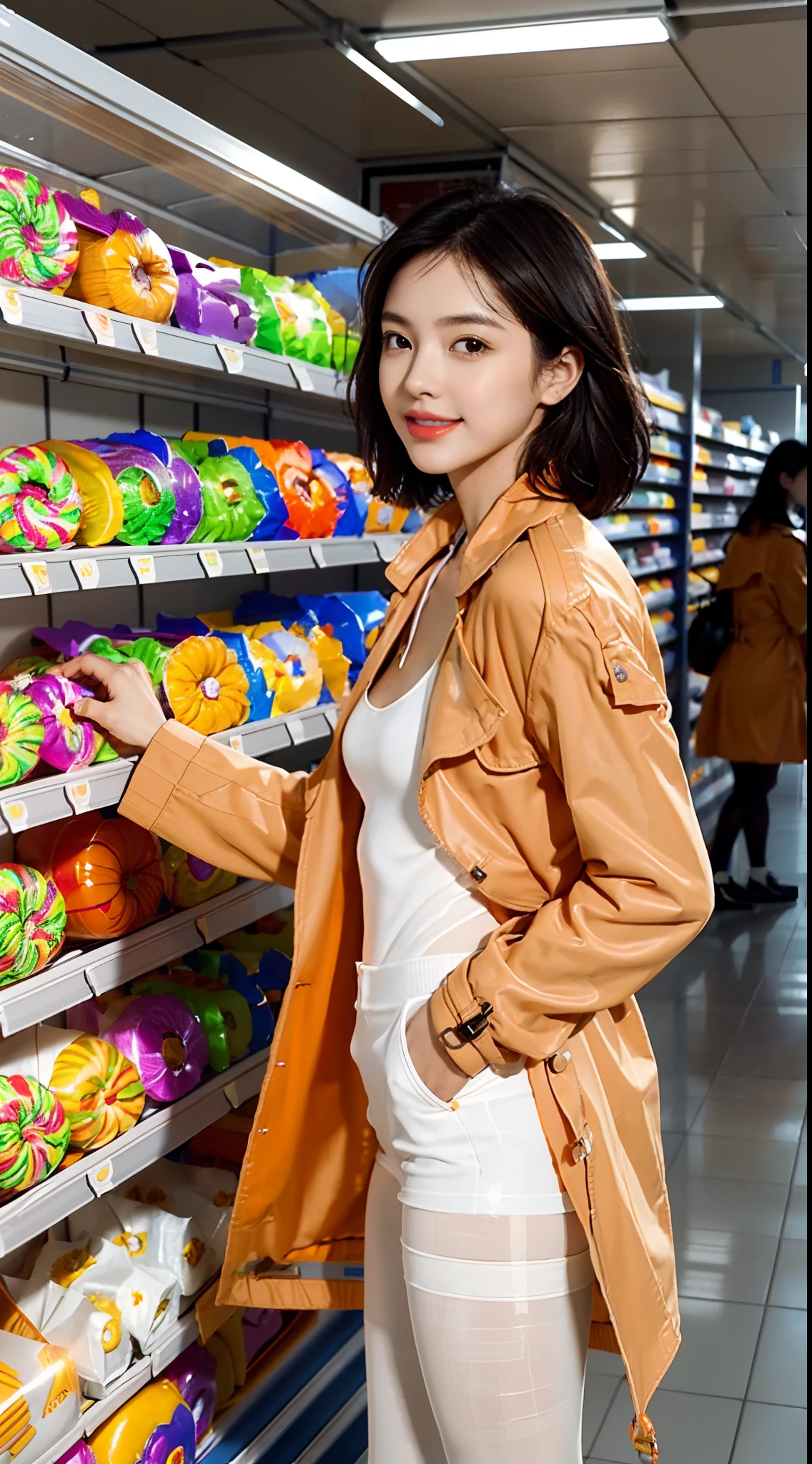 (shoulder length straight short black hair:0.8), （Extremely meticulous CG 8k wallpaper），（Extremely refined and beautiful），（Masterpiece），（best qualtiy：1.0），（Ultra High Resolution：1.0），beautiful light up，Perfect lightning，realistic shaded，[A high resolution]，Smooth and flawless fair skin，Extremely exquisite facial details,(perfect body:1.1），ultra - detailed,A beautiful girl,small head,(Small breasts:1.1),Flat chests,slim,thin,Smile,cheerfulness,(Orange trench coat:1.5),(pantyhose:1.4),(White sneakers:1.3),standing,At a convenience store,(Many candies on the shelves:1.6),bright lights,Portrait photo,from side,cowboy shot