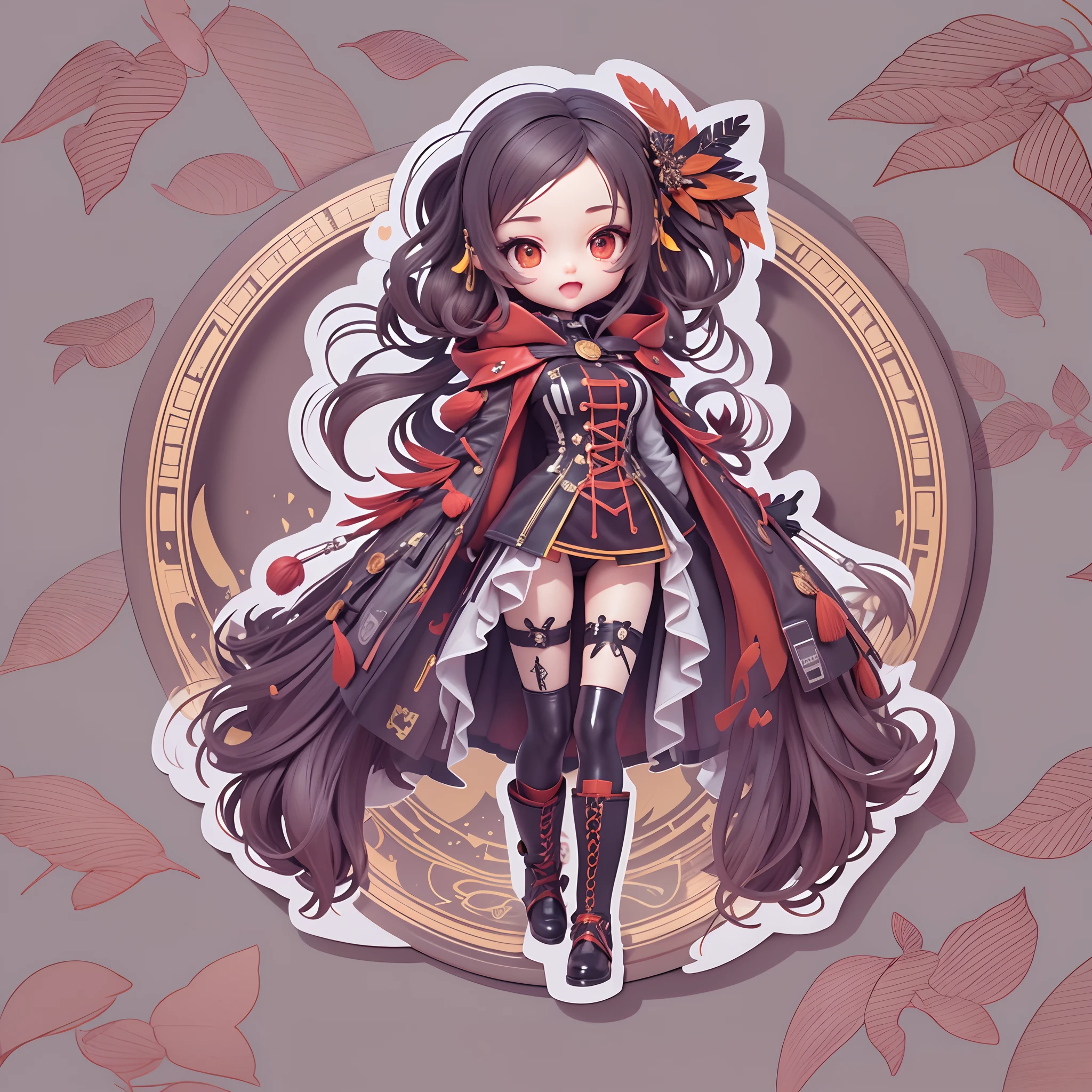 ((Sticker,))(3D anime gothic girl),Tattooed with,She wears a stud PVC corset,red colour,There are feathers on the shoulders, wind coat,kneehigh boots,fish net leggings,joyful expressions,cute clothing,((in circle)), ((White background)), ((Gold border)),Simple, Ultra detailed, Detailed drawing, vectorised, 8K, professional sticker design, Flat design, Vector lines, Sticker, Drawing, Drawing, Full-HD