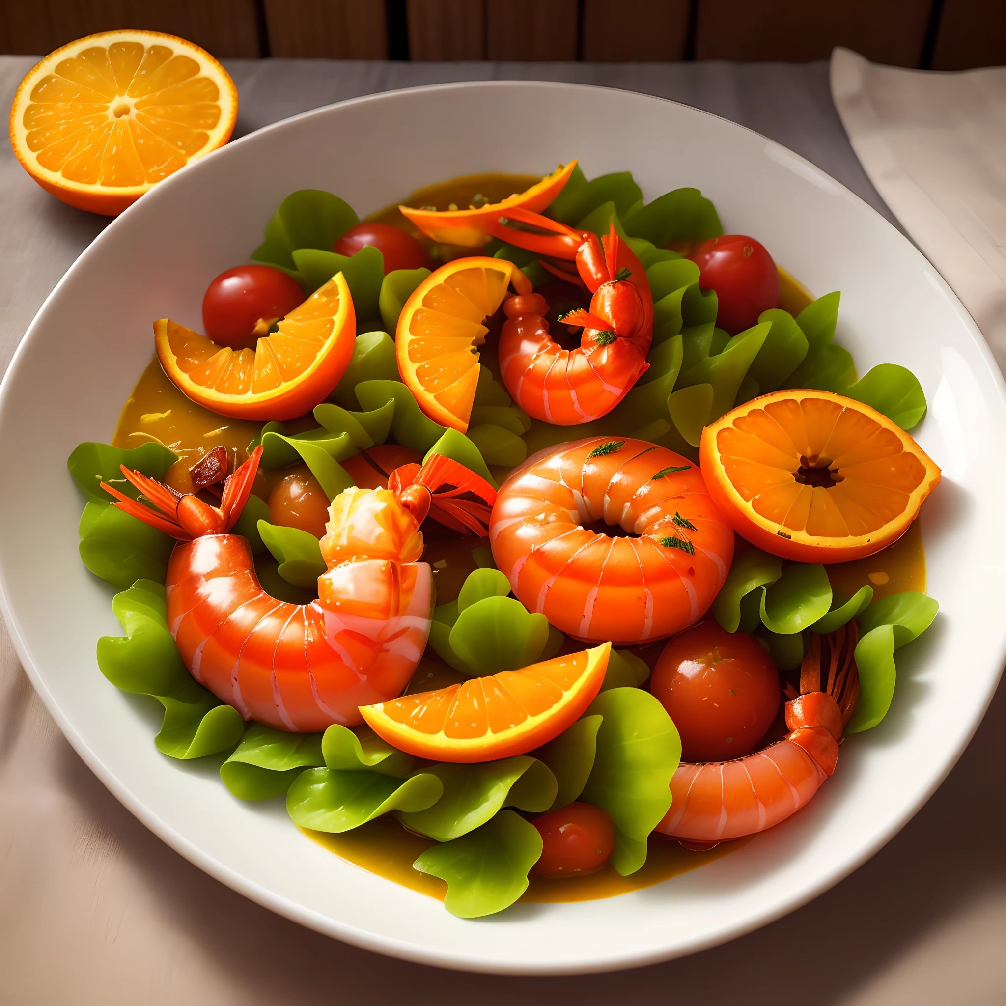 Red prawns placed very neatly beside tomatoes for garnishing lovely yellow oranges.