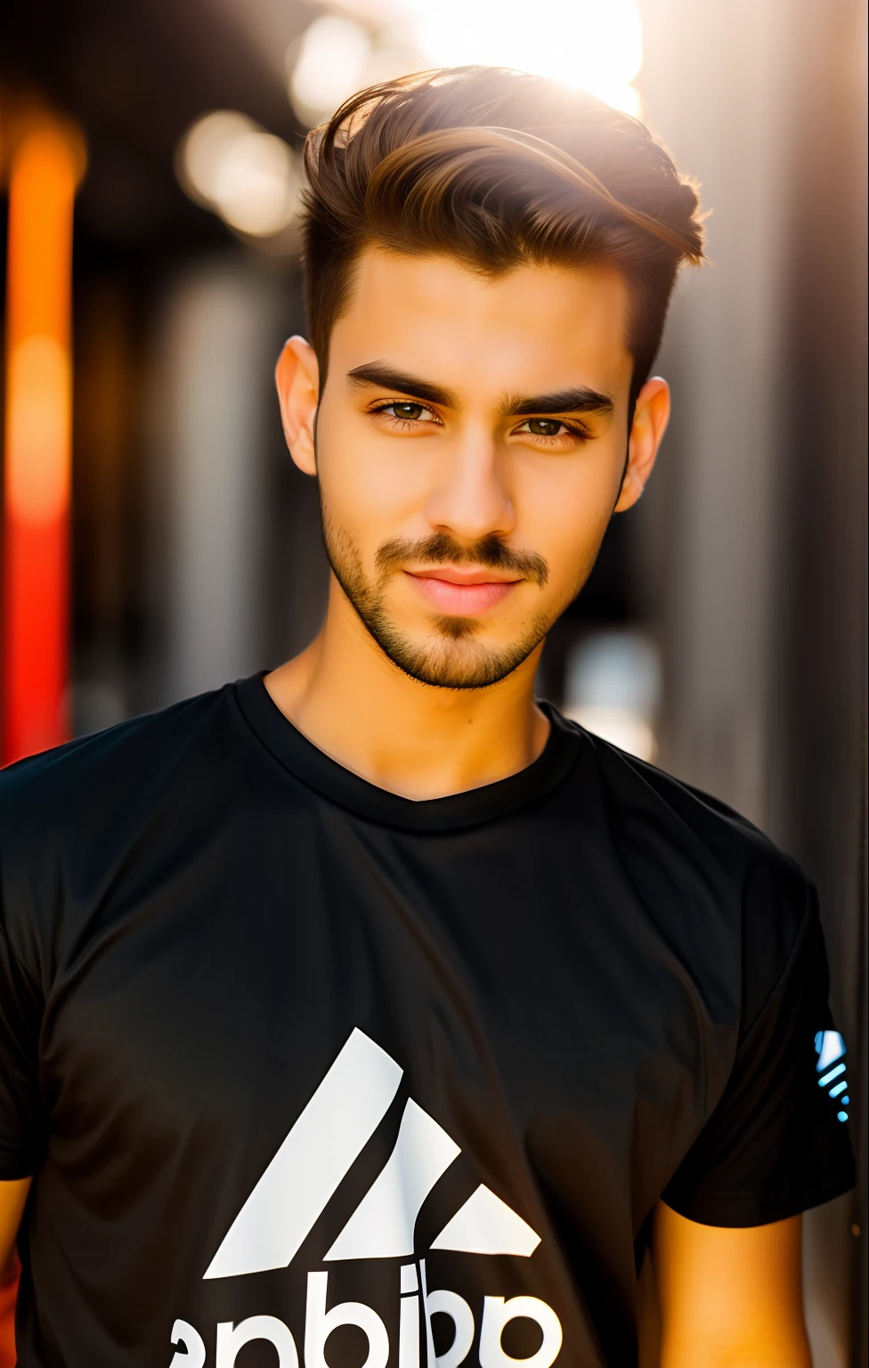boy with coffee, futuristic background, Sunset background, full blck t shirt, stylish hair, realistic face, ultra realistic face, 8k, hd, ultra hd