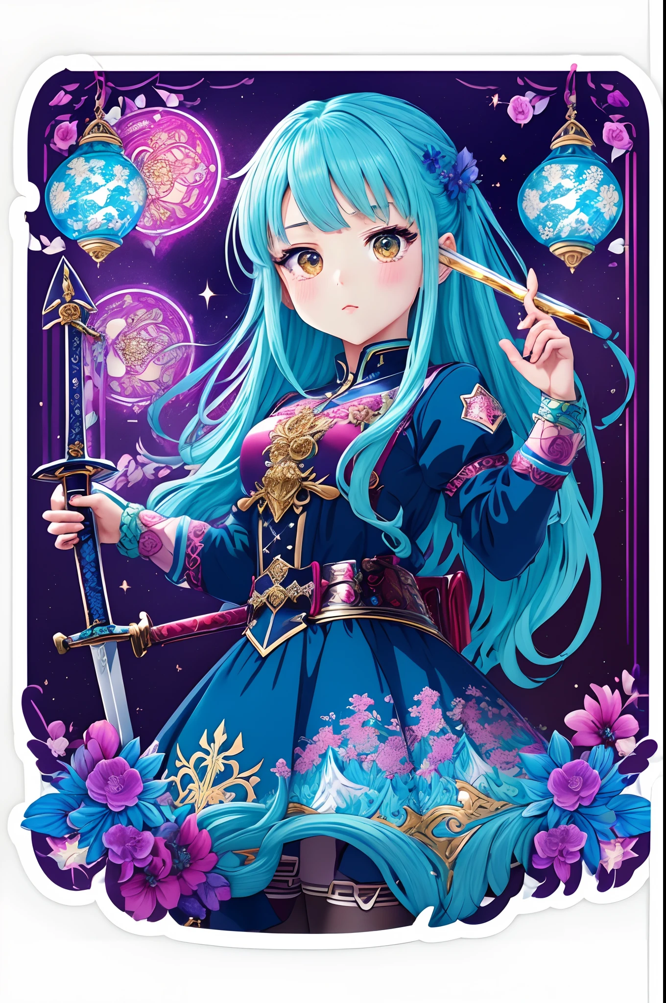 ((Stickers)),((Sticker)),1girll, With a sword, Anime style,Dreamland Wonderland、fanciful,tmasterpiece,k hd,Rich in color,Detailed details,Seven colors,(Best quality,Masterpiece, iintricate,Hyper-detailing,8K UHD,超高分辨率,extremely detailed CG unity wallpaper)