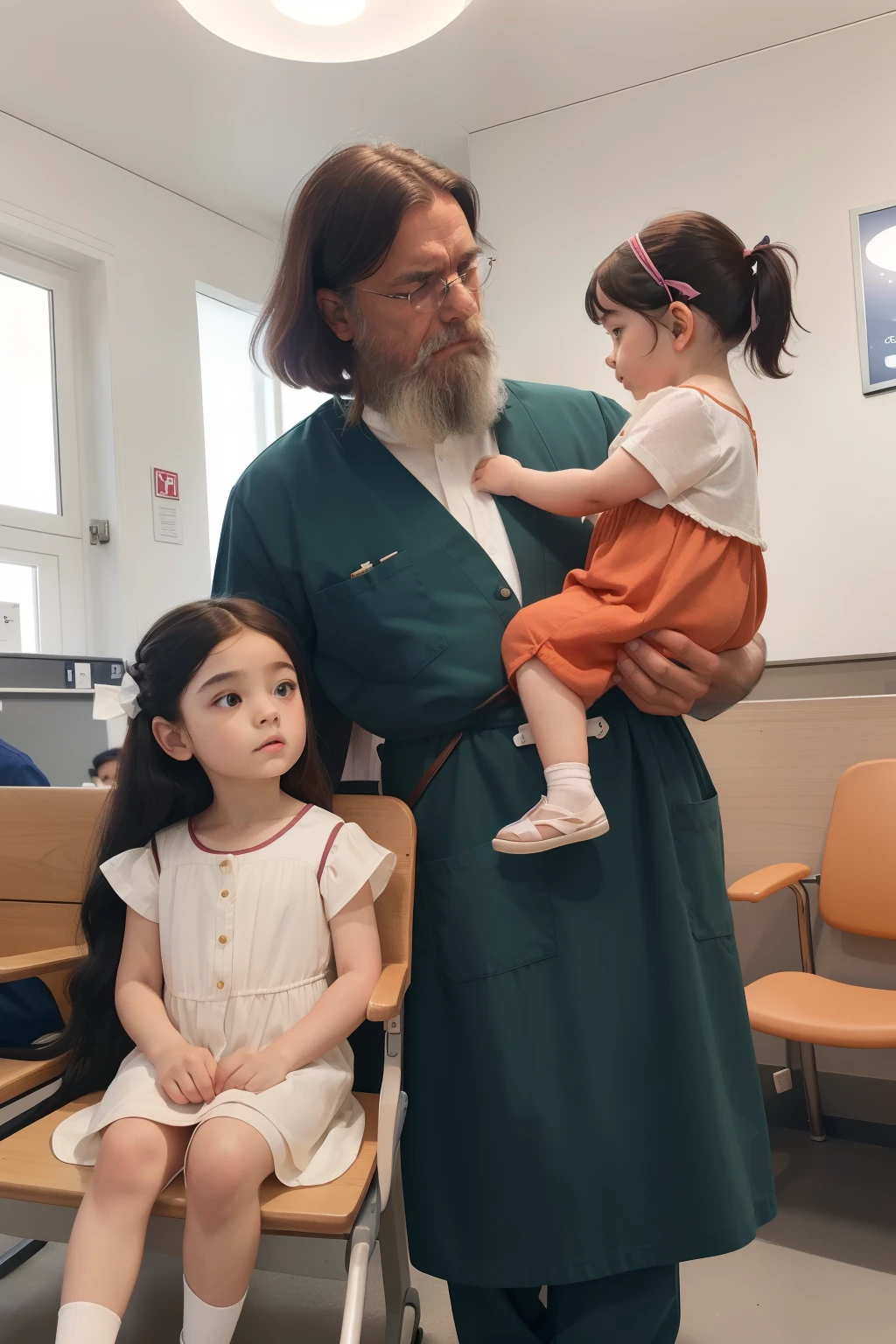 year: 2023. Location: Sweden. Pre-Raphaelite scene with a 59-year-old man, ((clean classic look)), ((grumpy)) ((strict)), in the (((hospital waiting room))) with two  girls (ages 7 and 3), reading a colorful children story, ((((Clothing from the 2020s)))) ((Hairstyle of the 2020s)), (((in the style of "OMITB")))