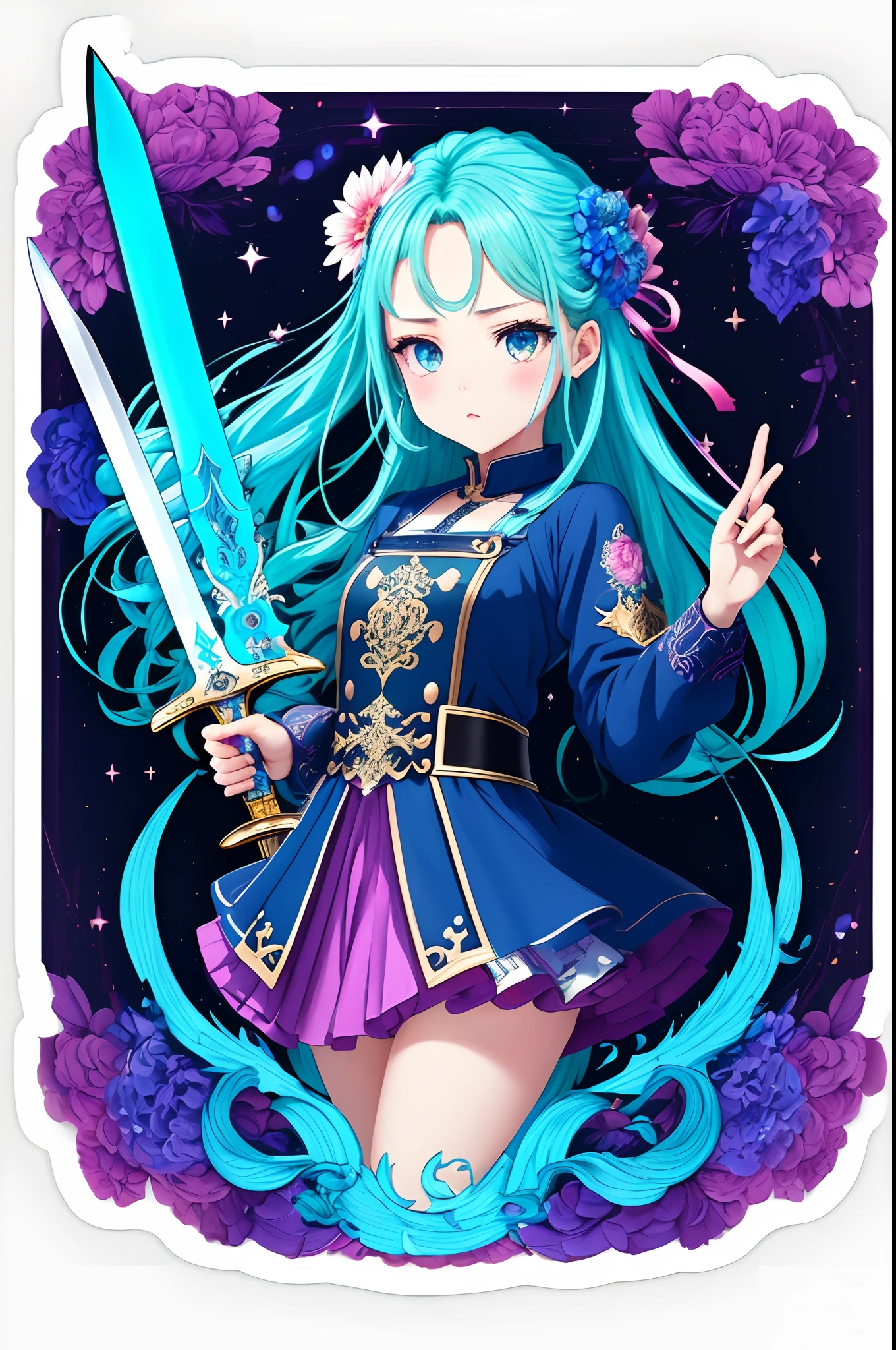 ((Stickers)),((Sticker)),1girll, With a sword, Anime style,Dreamland Wonderland、fanciful,tmasterpiece,k hd,Rich in color,Detailed details,Seven colors,(Best quality,Masterpiece, iintricate,Hyper-detailing,8K UHD,超高分辨率,extremely detailed CG unity wallpaper)